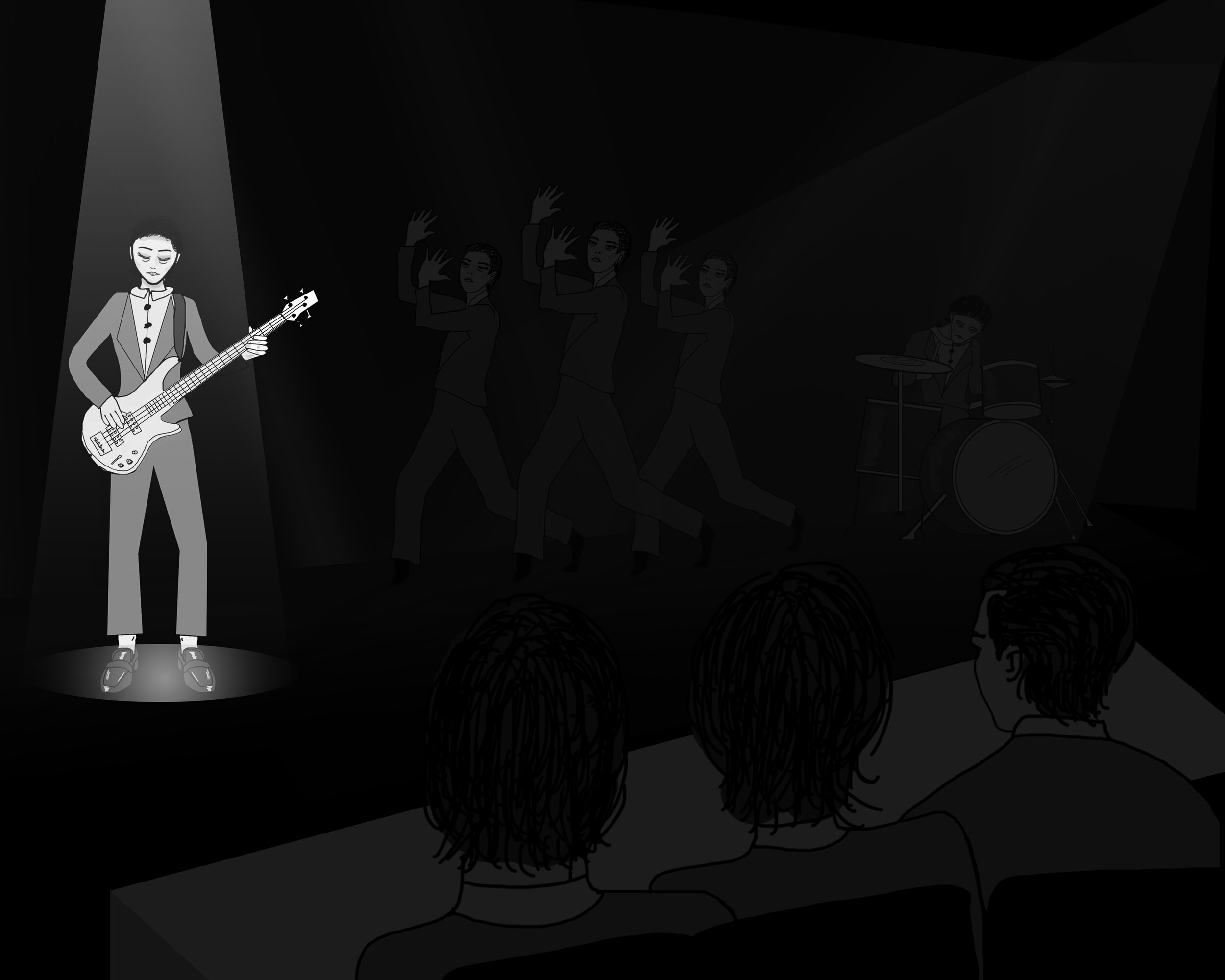 In the first verse, the girl group dances with Fosse-esque choreography before a panel of identical women.