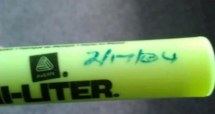 Dated hi-liter found in Terry Marshall's office. Photo by Krista Leigh Pasini