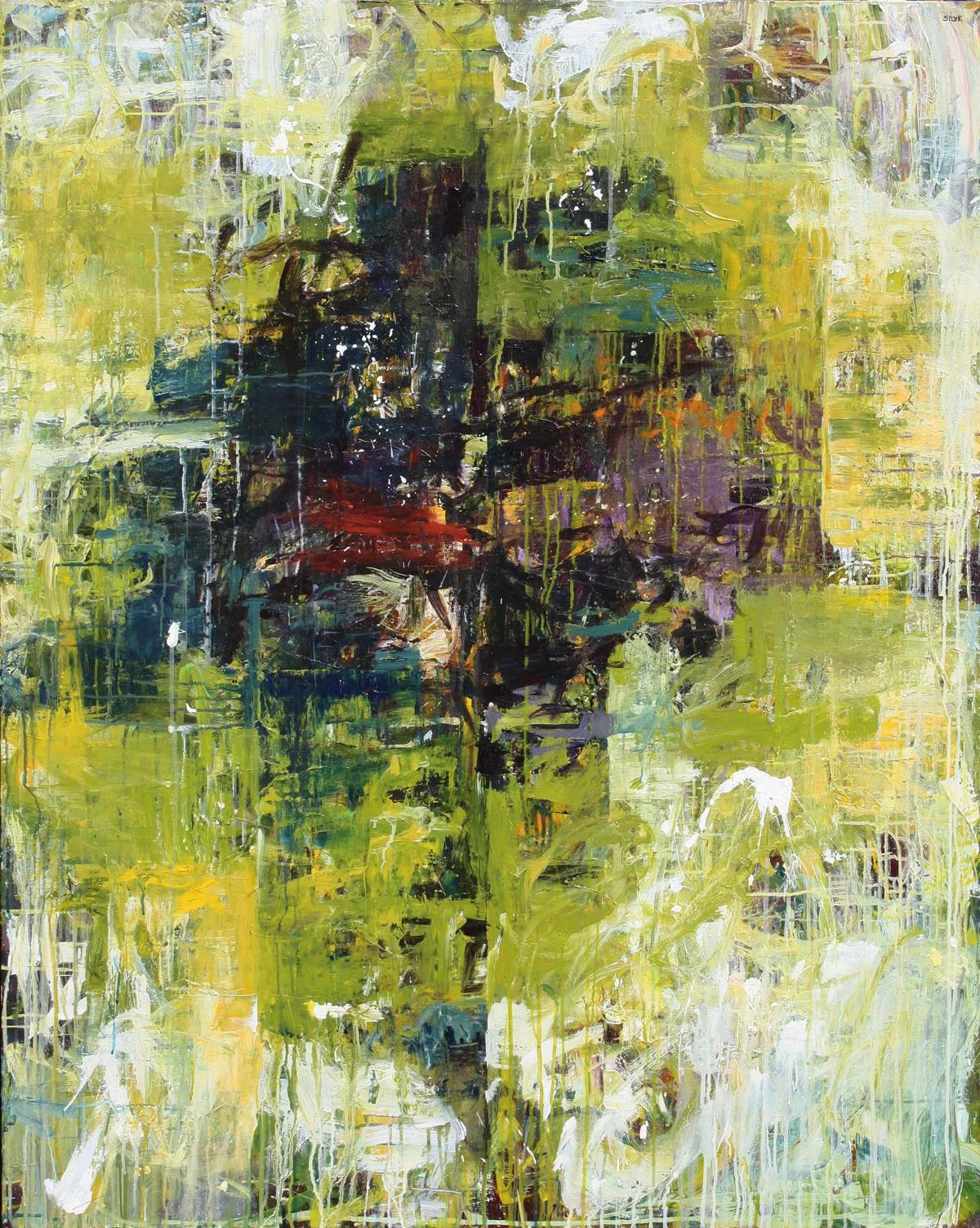 Sacred Place, green abstract painting by Karen Silve