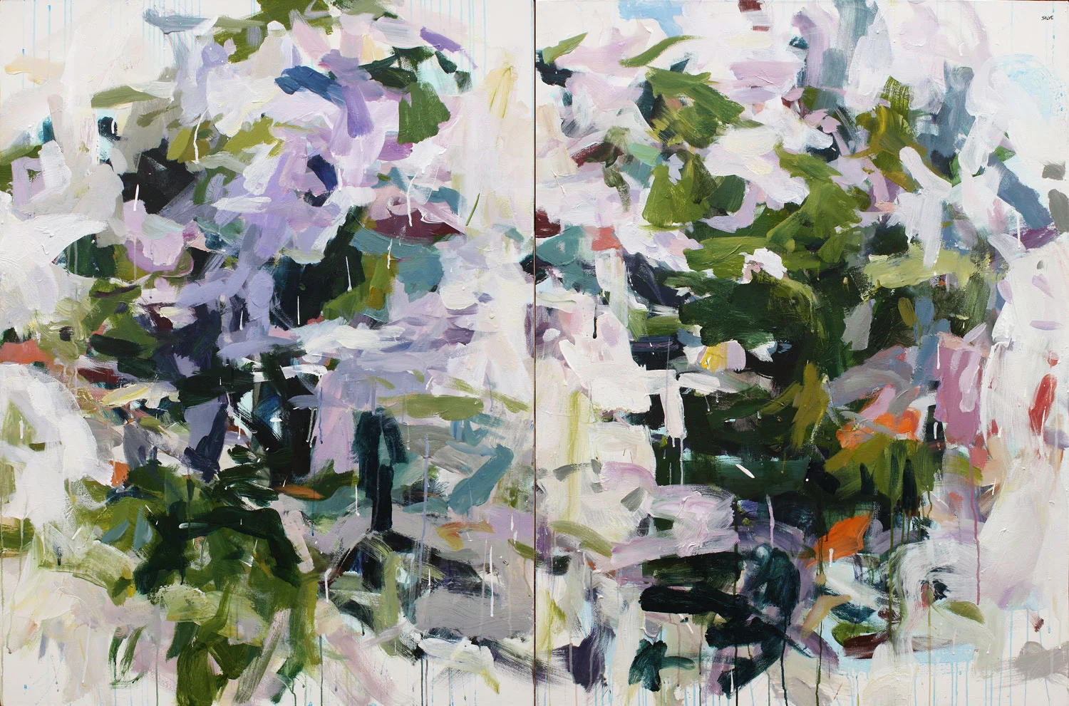 lavendar abstract diptych painting by american artist karen silve