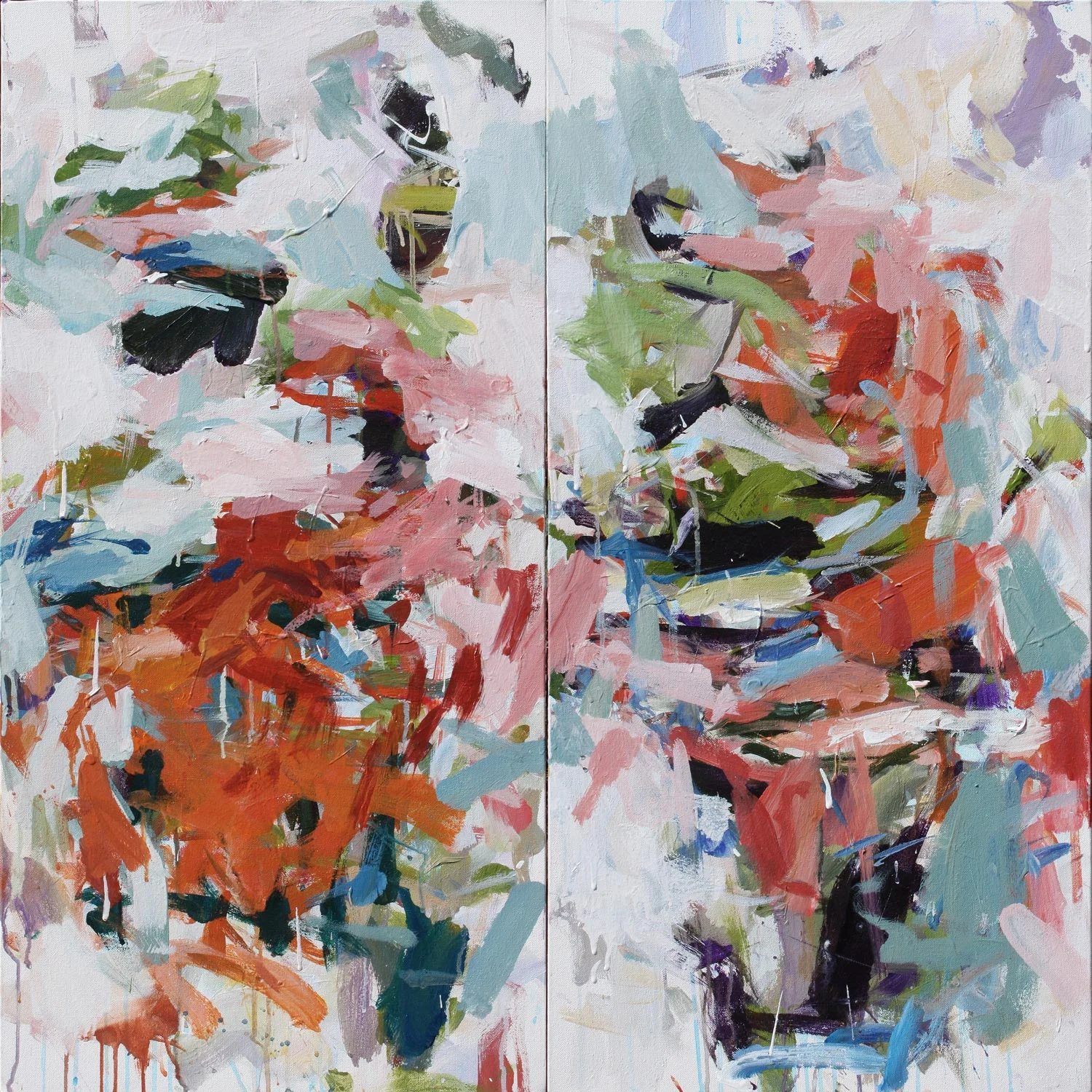orange and pale blue abstract painting by american artist karen silve