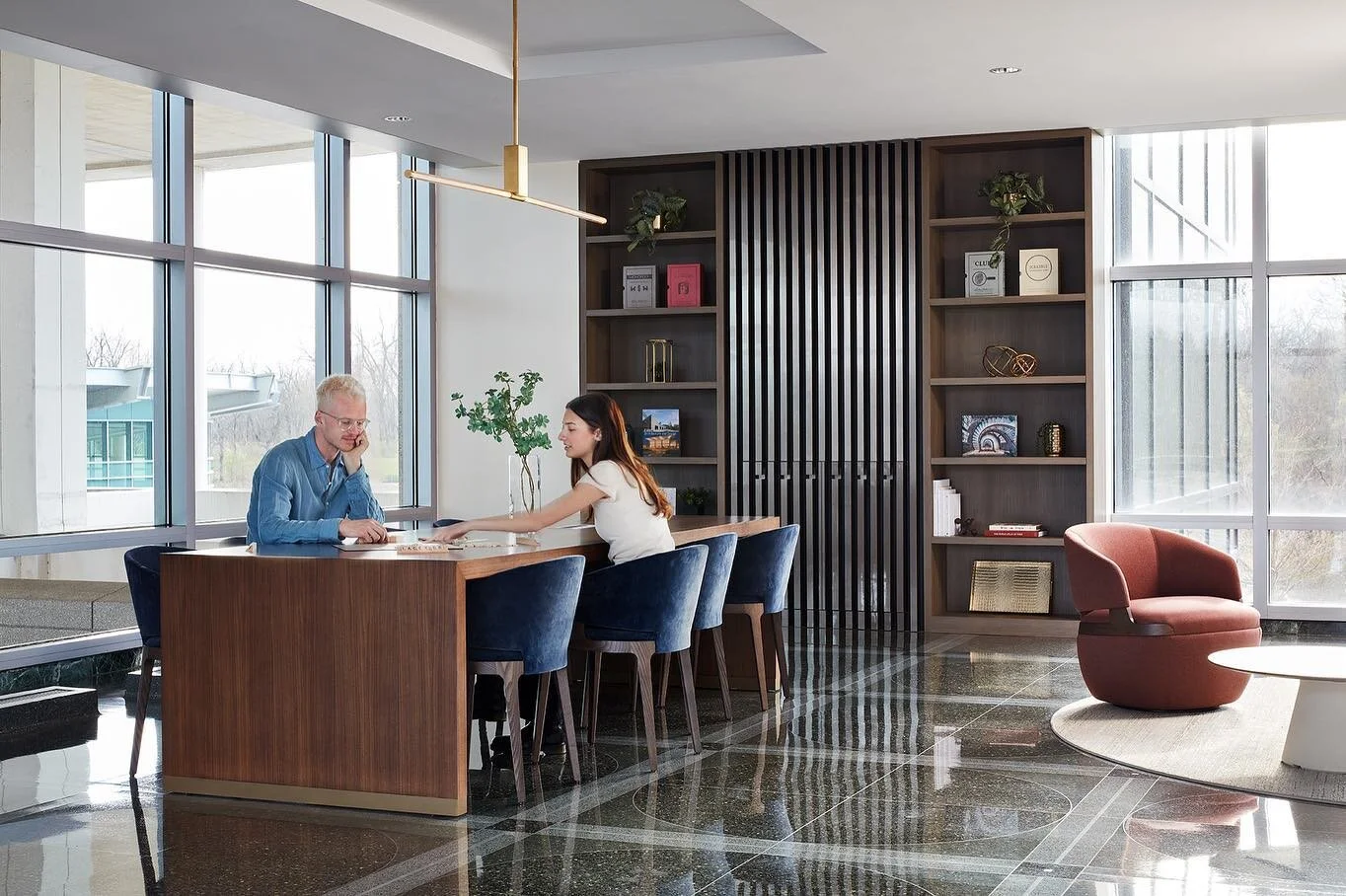 Although the lobby of 3500 Lacey, which we&rsquo;ve shared before, receives a lot of attention, the smaller library space is a more intimate reflection of the transformation. With similar materials and furnishings, it&rsquo;s a quieter and scaled-dow