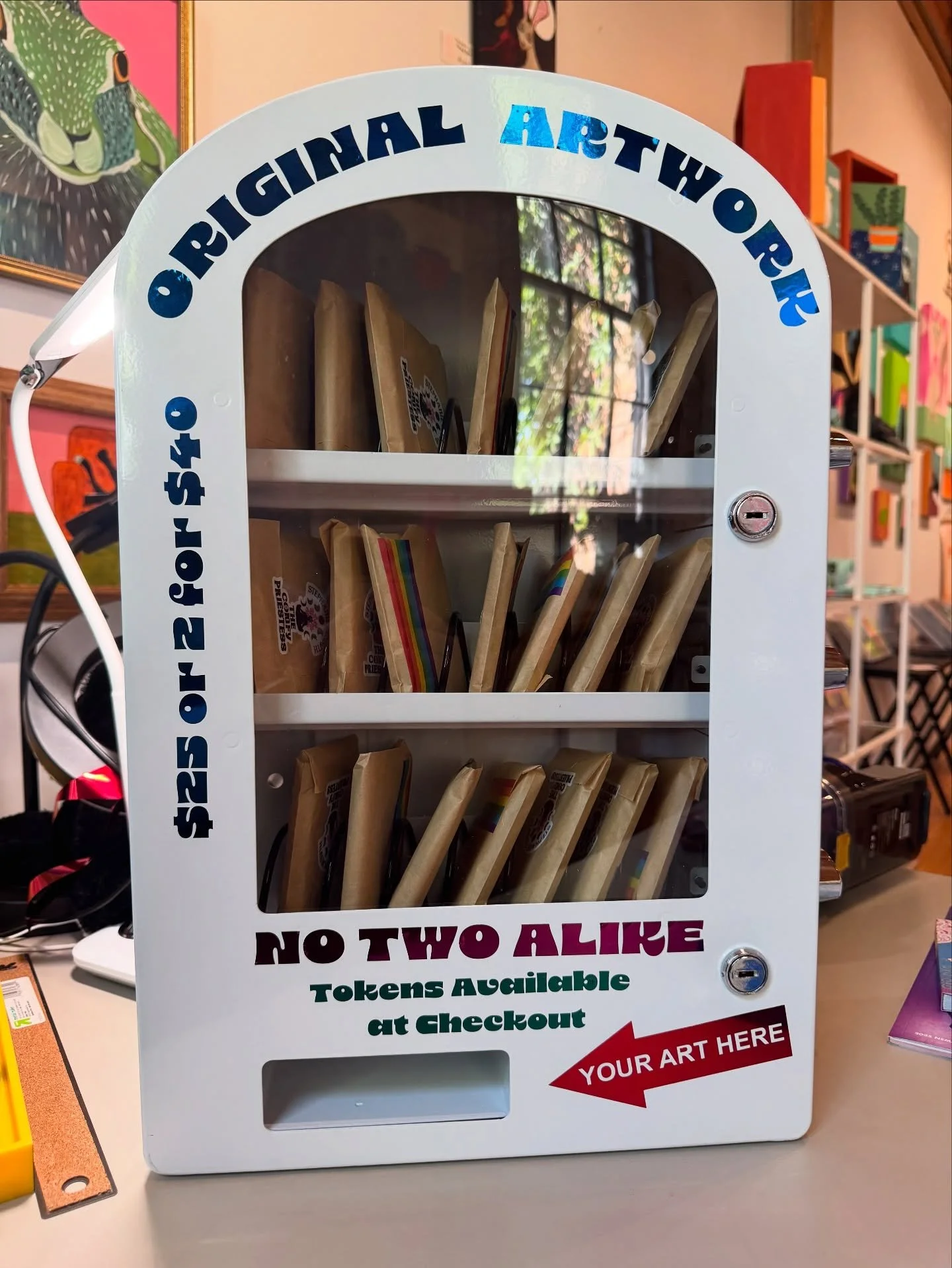 This Saturday 11-4, stop in at #114 in @casketarts and try out my original art vending machine! Each artwork is hand painted and original. $25 for one or $40 for 2! Are you an artist or crafter interested in getting your own vending machine for your