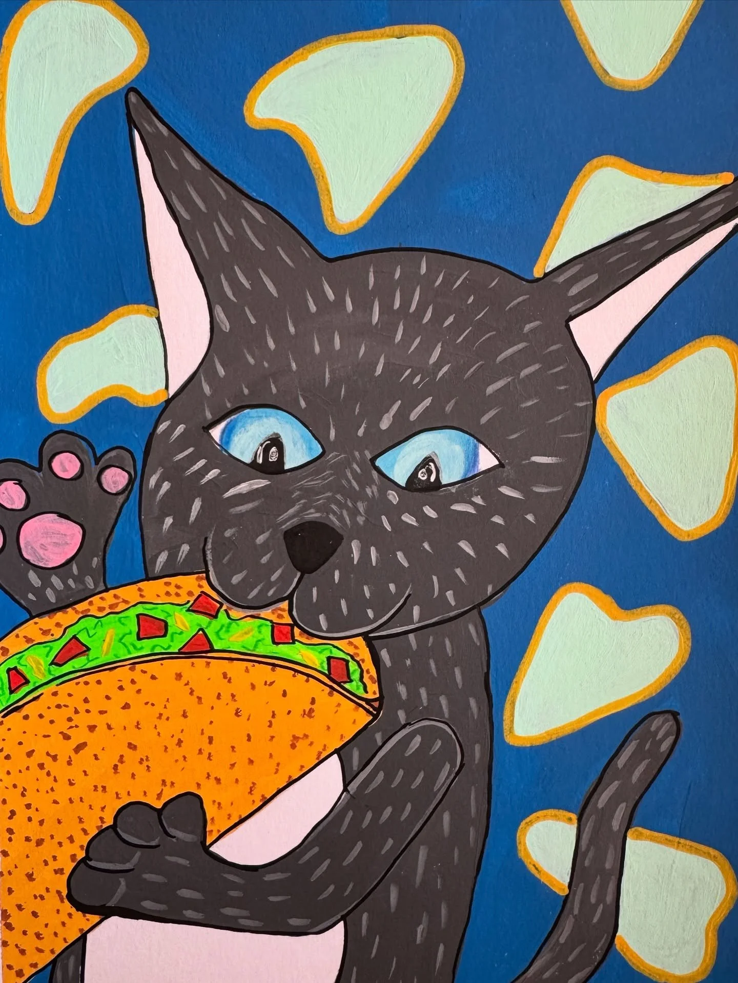 Let Me Have a Bite! 7&rdquo;x10&rdquo; available on my website! #cat #tacocat #tuxedocat #catart #taco #cat