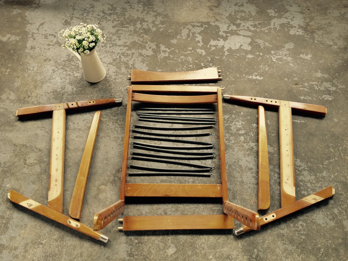 Our "Mid-century Lovers" armchair, deconstructed ready to be stripped and reconstructed.
