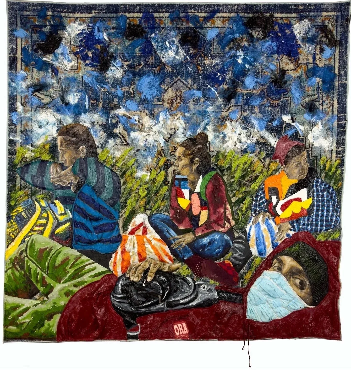 La Gloria , from the series “ The Path to the Volcanoes” , 2023 Oil on canvas, textile, recycled clothes and dry flowers hand sewn on rugs 79 x 79 inches Collection of the Artist