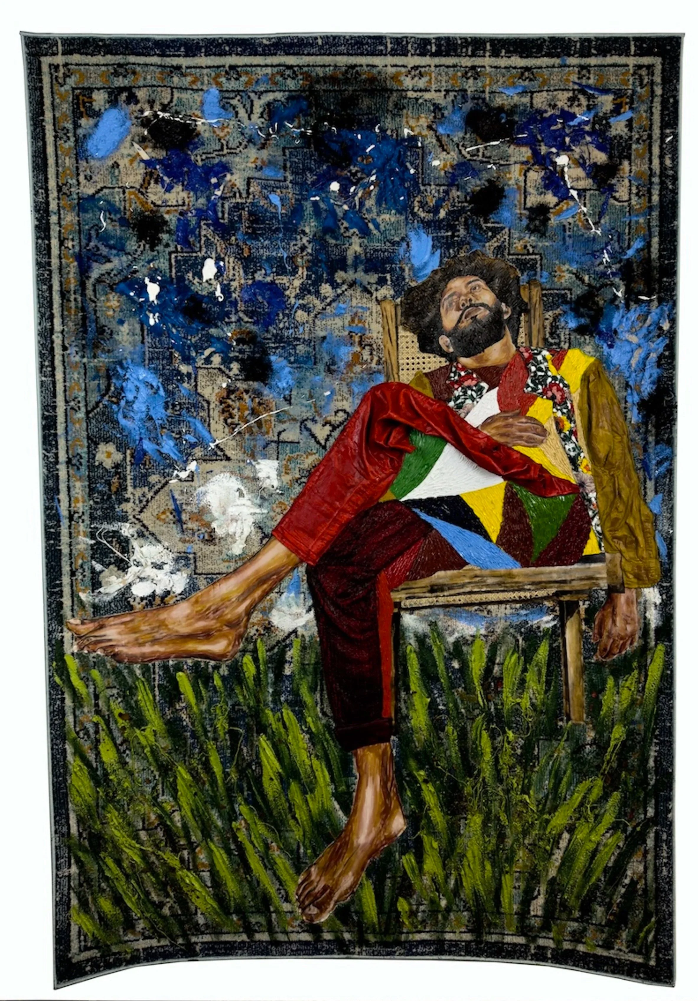 La Herida verde , from the series “La Casa Nómada” , 2023 oil on canvas, recycled clothes, dry flower and rattan hand sewn on rug 92 x 62 inches Private Collection
