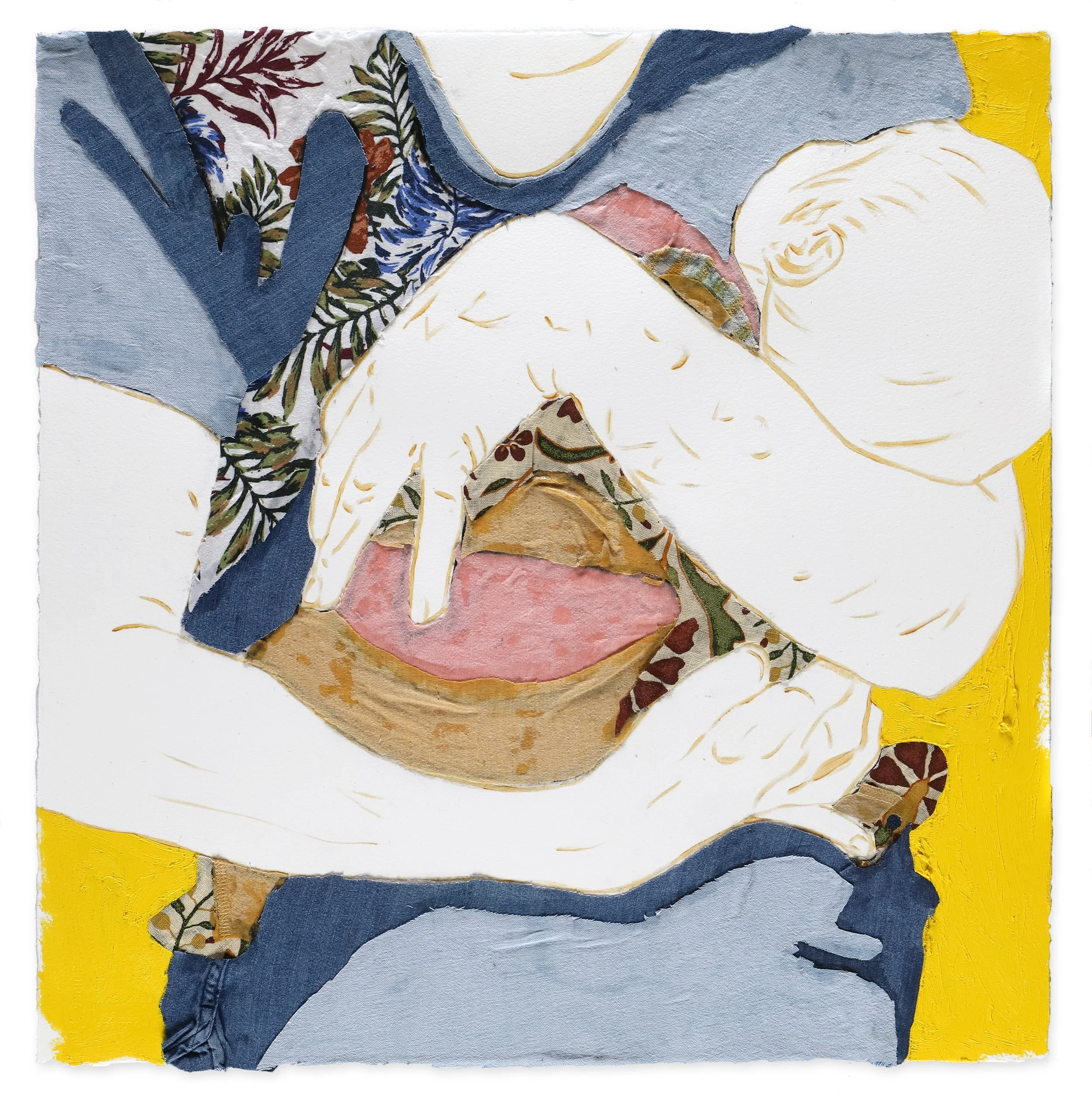    El oro de los dias I    [The Golden Days I],  2025 oil paint, oil stick and fabric on paper, 22 ½ x 22 inches  Collection of the Artist  