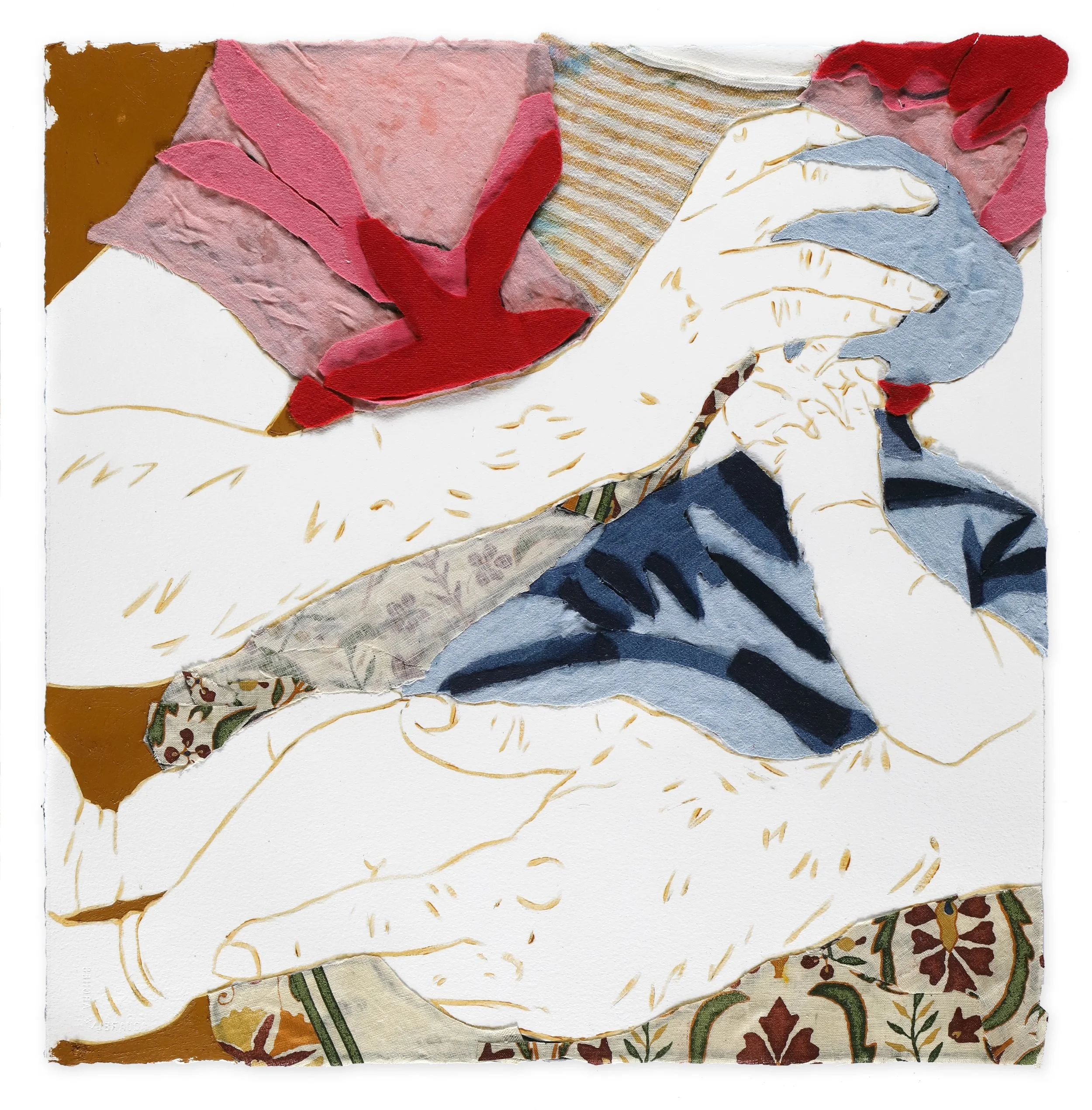    El oro de los dias II    [The Golden Days II],  2025 oil paint, oil stick and fabric on paper, 22 ½ x 22 inches  Collection of the Artist  