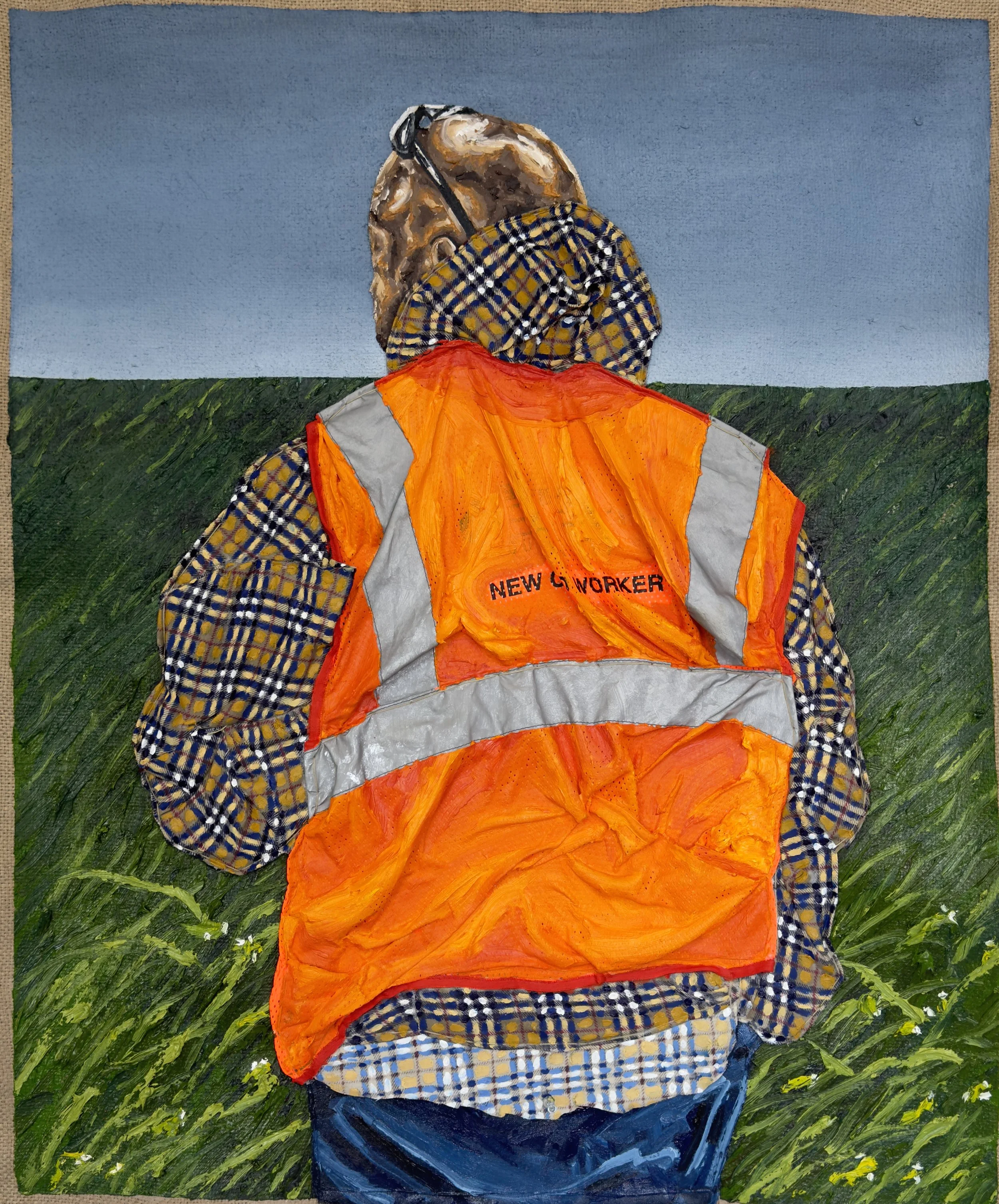 Walk the Line , 2024 Oil on canvas, recycled fabric and hand sewn on burlap 36 × 30 inches Private Collection