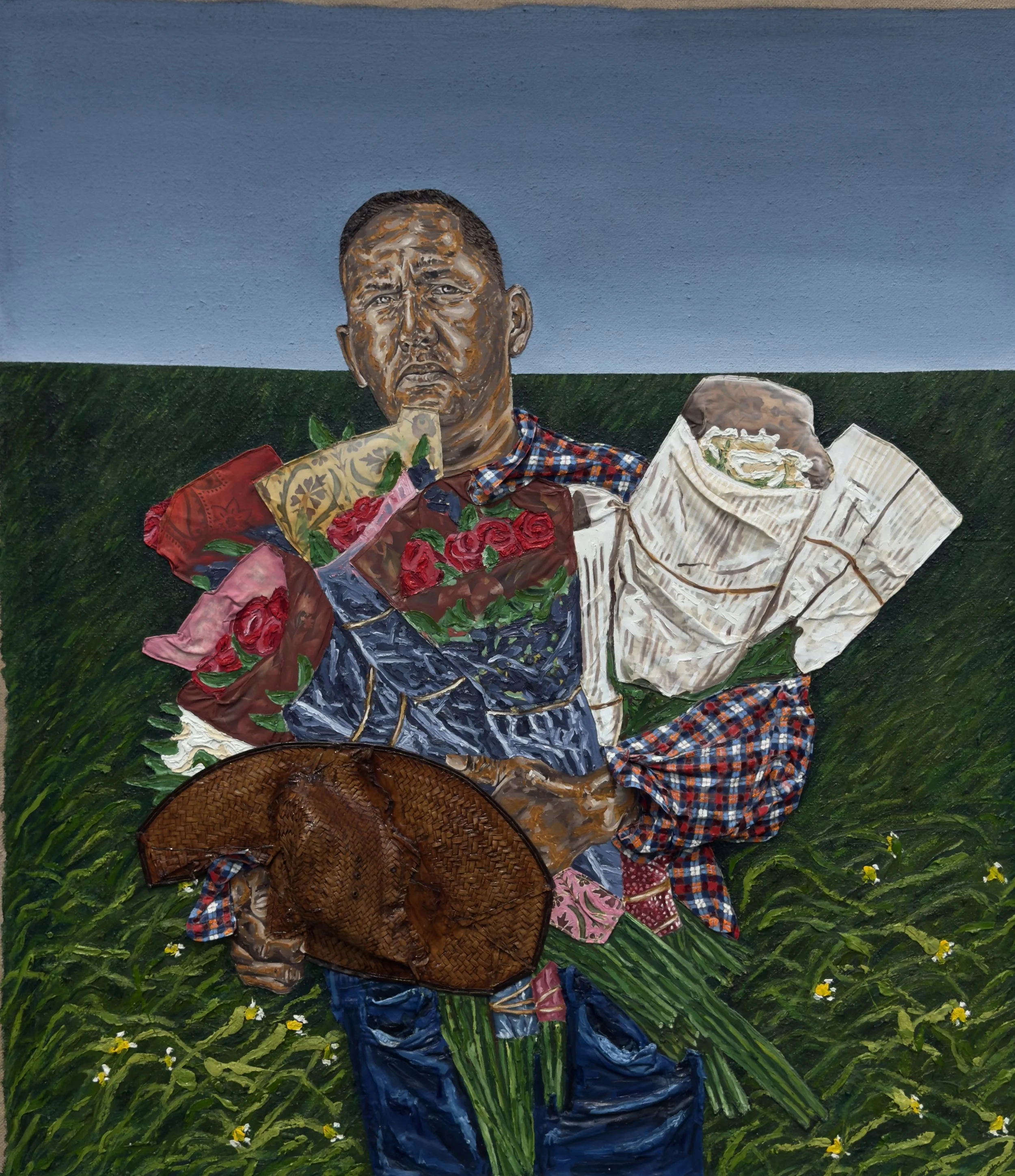 The Gardener , 2024 Oil on canvas, recycled fabric and straw hat hand sewn on burlap 68 × 60 inches Collection of the Artist
