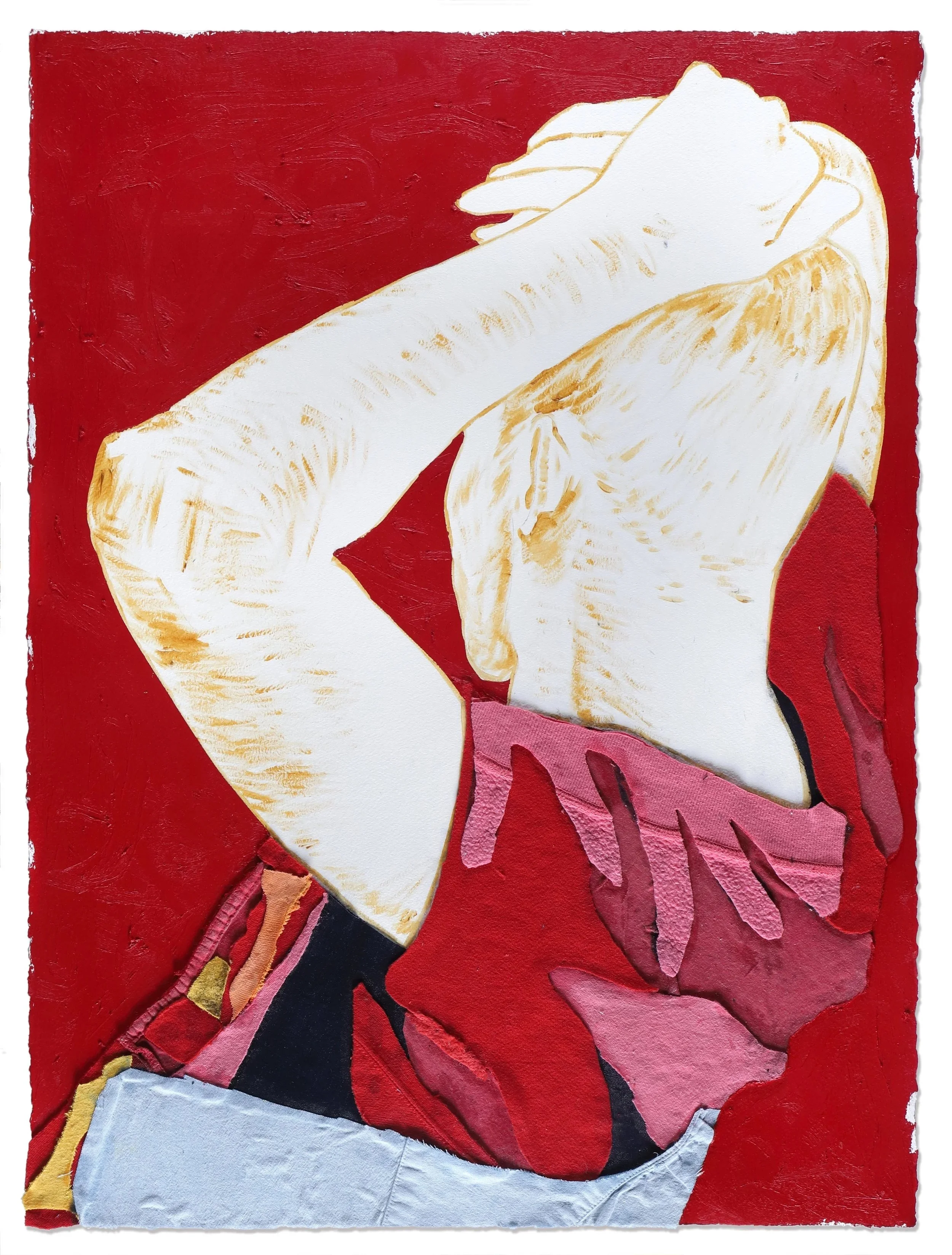    The Witness,   2025 oil paint, oil stick, and fabric on paper, 30 ½ x 22 ⅜ inches  Private Collection    