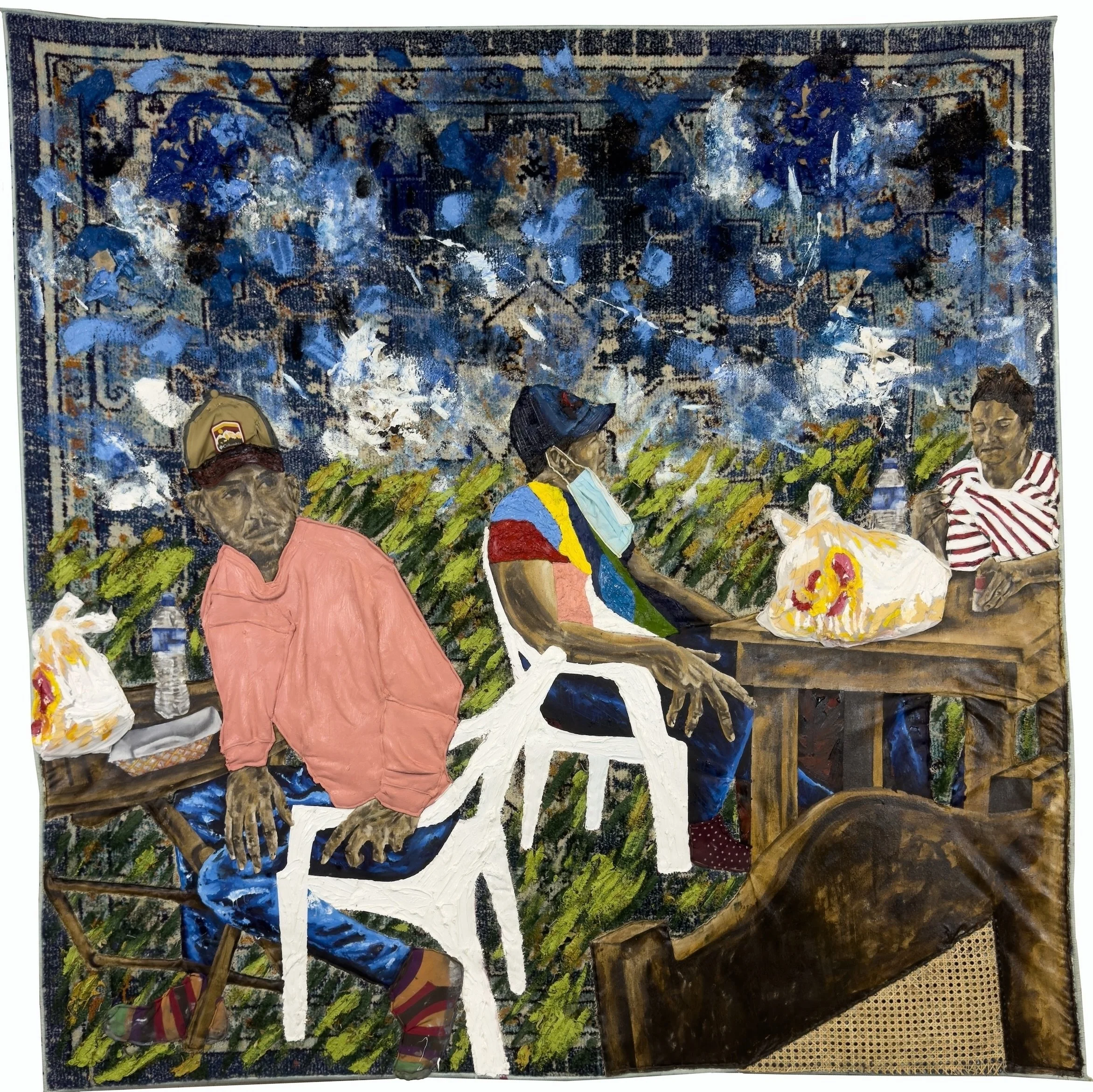    Danlí   from the series "The Path to Volcanoes "  2023  79 x 79 inches  oil on canvas, recycled clothes, textiles, dry flower and rattan hand&nbsp; sewn&nbsp; on rug  Collection of the Museum of Art and Design at Miami Dade College, Miami, FL 