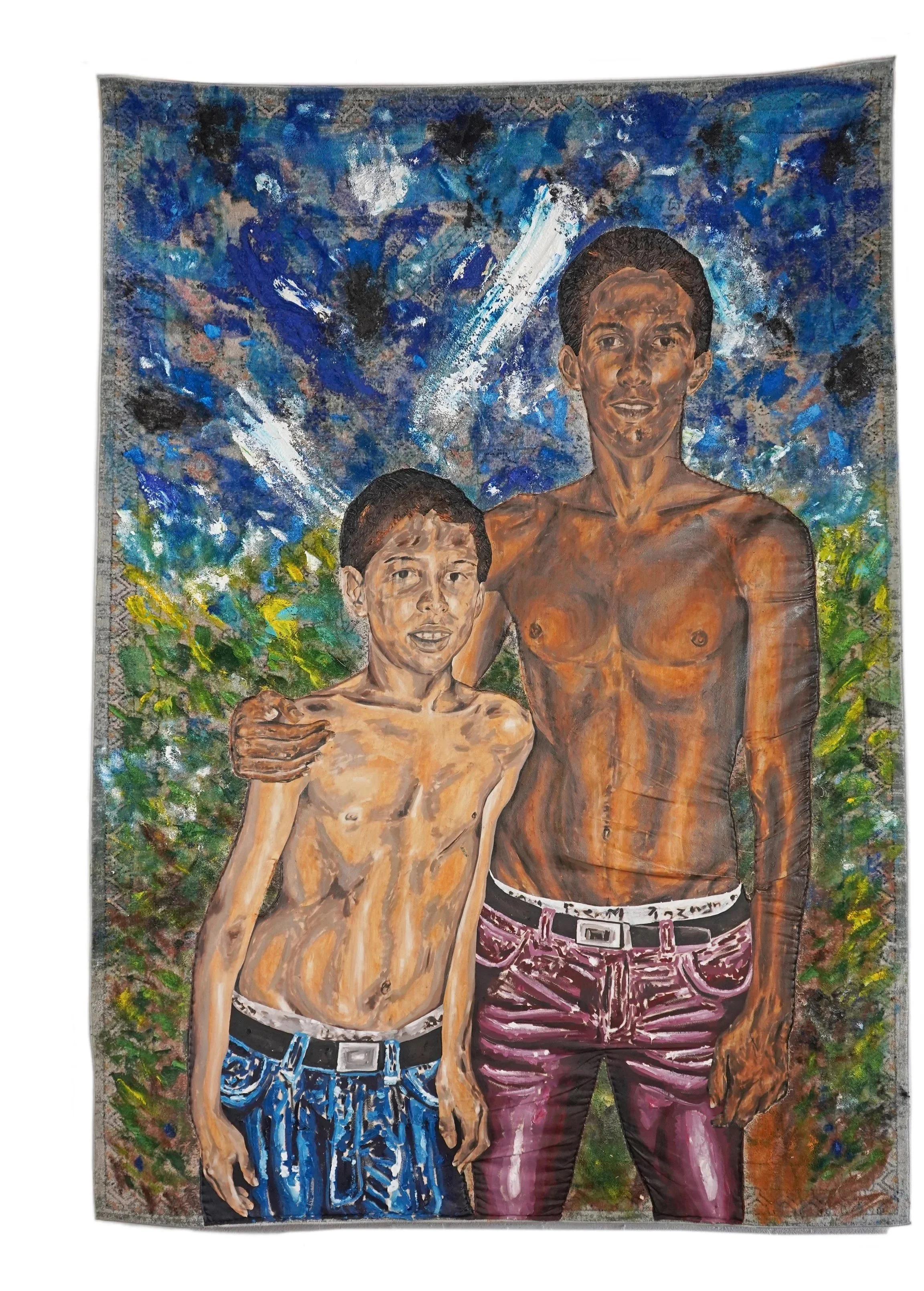    Dos hermanos en la víspera   (Two Brothers on the Eve)  2023  115 x 79 inches  oil on canvas hand sewn on rug  Collection of the Artist 