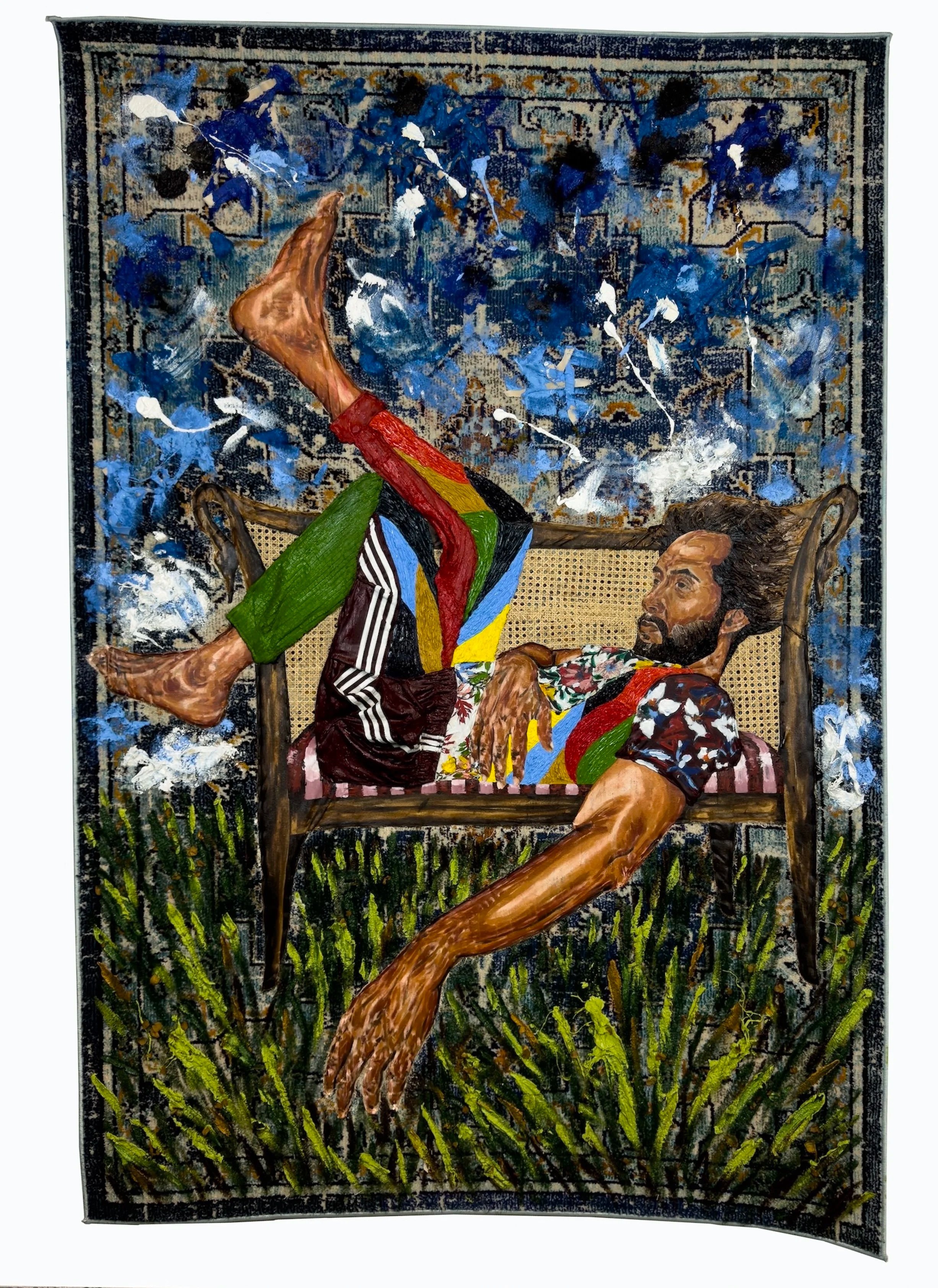   Mamá ellos son de la Loma  , from the series “La Casa Nómada”  2023  92 x 62 inches  oil on canvas, recycled clothes, dry flower and rattan hand sewn on rug  Private Collection  