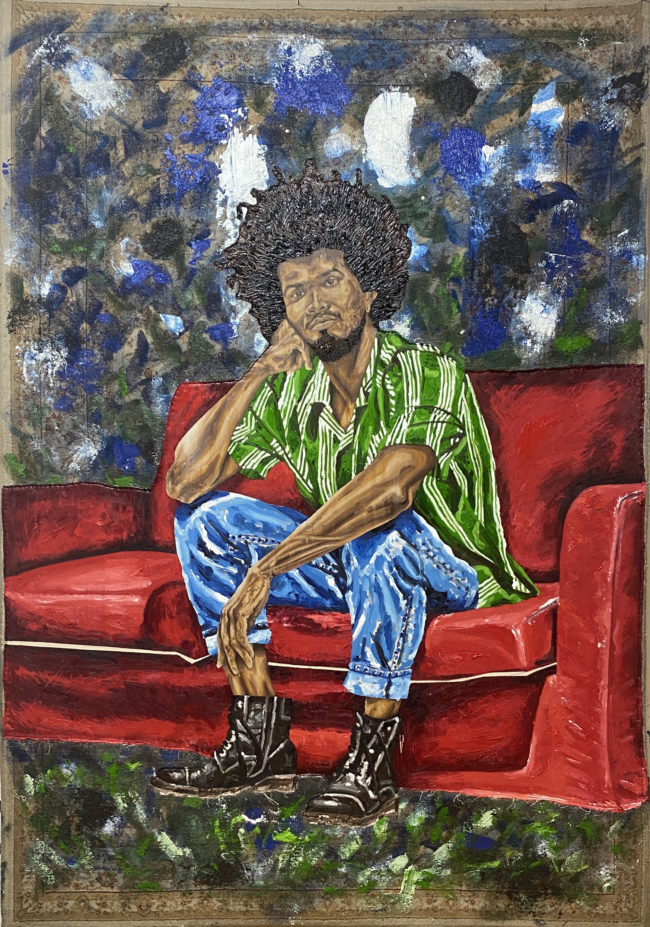    Volver a la Tierra I,   ( Return to Earth I)  2022  oil on canvas hand swen on rug  88 x 66 inchesT  The Jorge M. Perez Collection, El Espacio 23, Miami, FL 