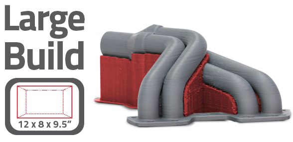 The AXIOM Dual Extruder 3D Printer's 912 in³ build volume allows for very large 3D prints making it the ideal desktop solution for rapid prototyping and manufacturing functional products.