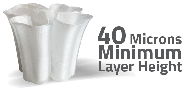 With a minimum layer height of just 40 microns the AXIOM can produce ultra-fine detail while minimizing the striated appearance common to FFF style 3D printers