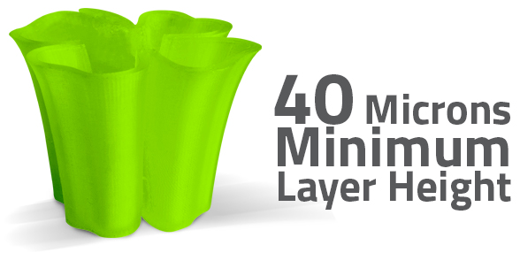 With a minimum layer height of just 40 microns the AXIOMe can produce ultra-fine detail while minimizing the striated appearance common to FFF style 3D printers