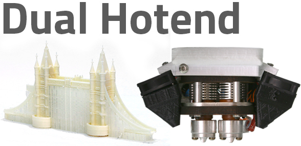 Independently Controlled Hotends are capable of printing in 2 colors, or creating parts which require soluble support material.