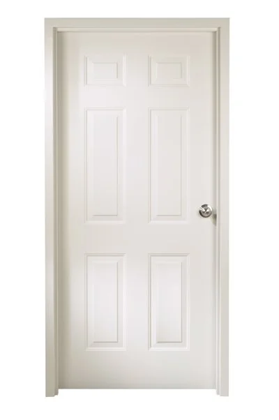 White interior door with six rectangular panels and a round silver doorknob.
