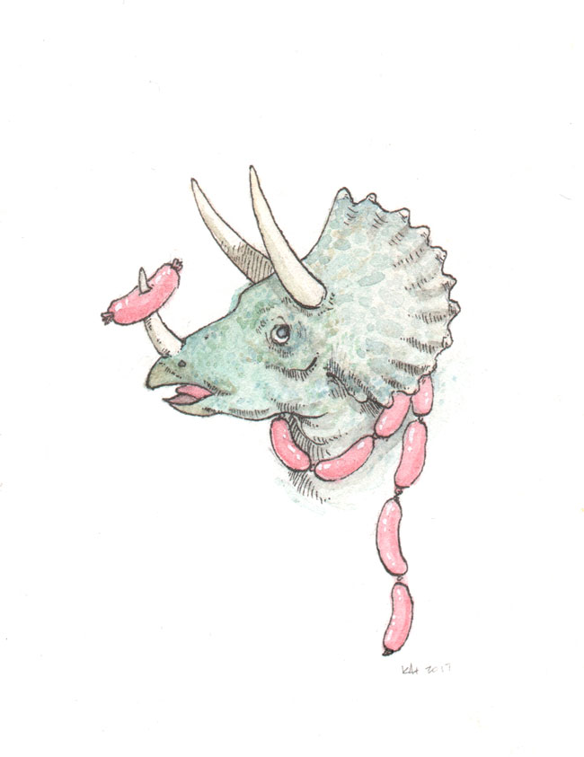 "Sunday at the Dino Weenie Roast (Triceratops)" by Kat Philbin