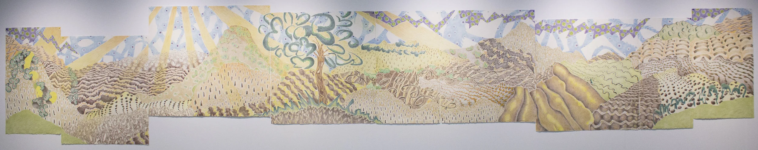 La corona, the magic tree, and Nicolas de Santa Cruz, the Shepherd boy. Crayon on paper approximately 50 x 288 inches