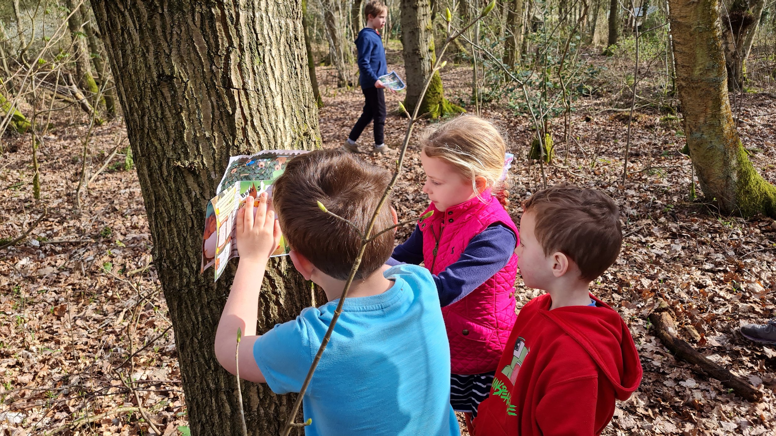 children writing in the bear hunt activity sheet