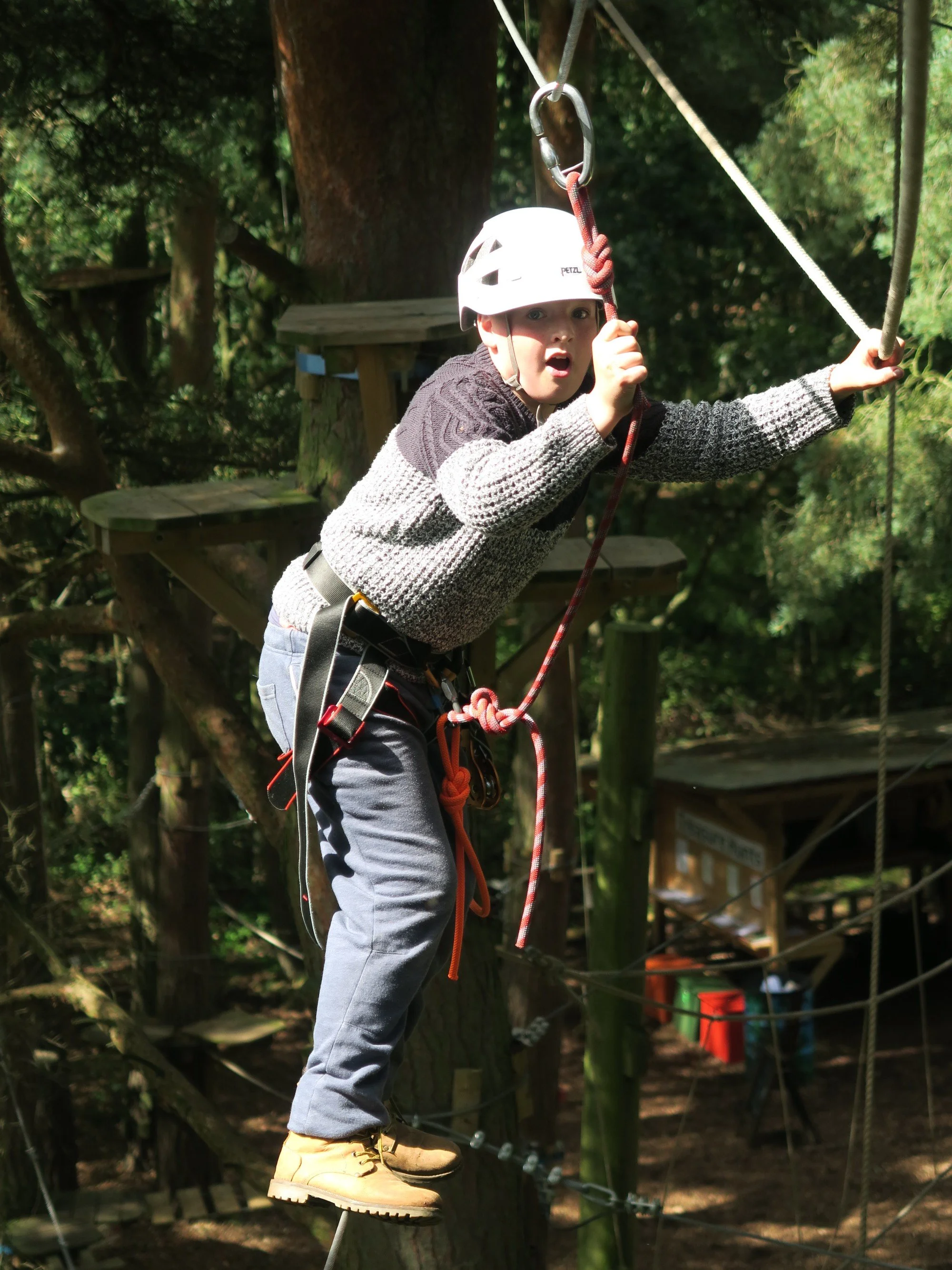 Pupils climbing the high ropes course during a school trip