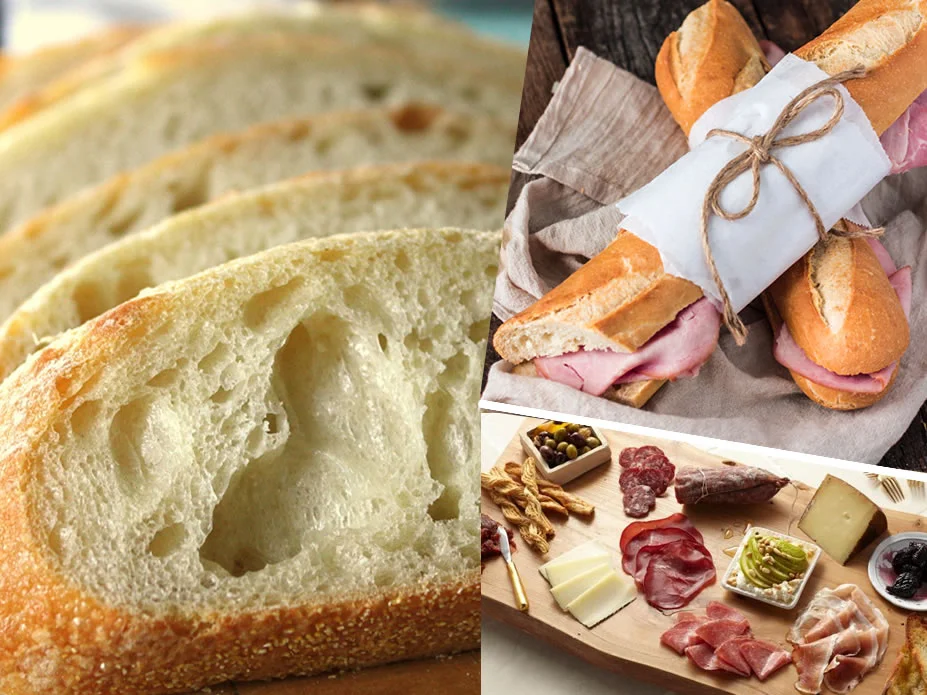 A french baguette , ham and cheese with spicy antipasti to sample MAKES A NICE HAPPY HOUR