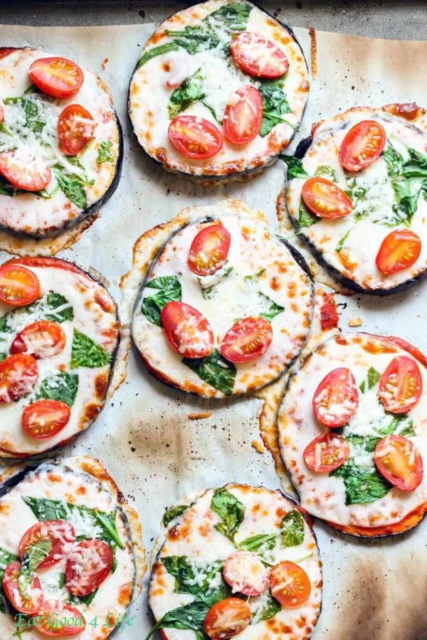 THESEE PIZZAS ARE GLUTEN FREE AND USE EGGPLANT INSTEAD OF DOUGH. FRESH MOZZARELLA AND BASIL WORK WELL. PAIR IT WITH A NOBILE ROSE.