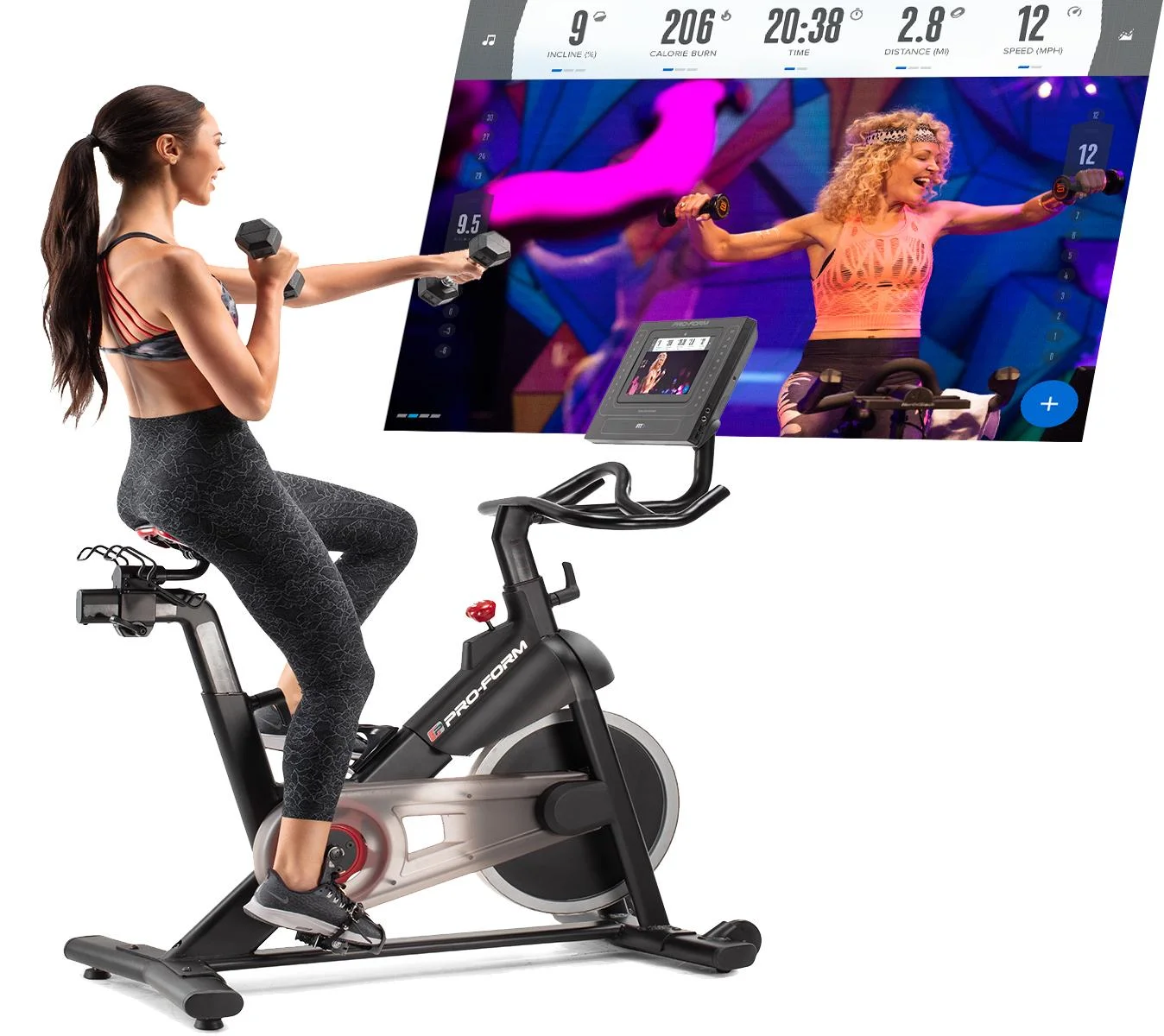 The Proform Studio Bike Pro comes with a set of 3 lb weights for off and on the bike cross-fit training classes streamed directly to your touchscreen