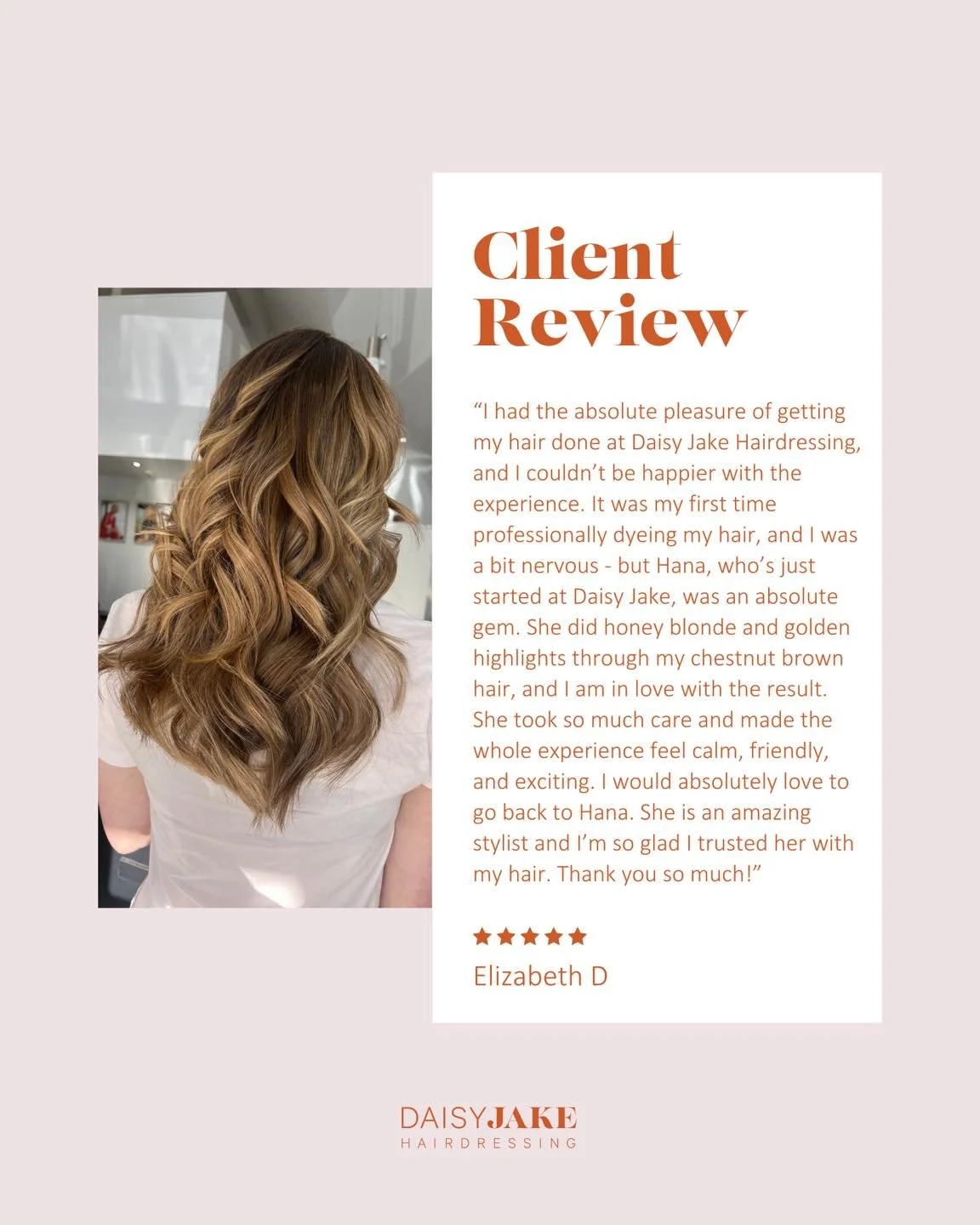 Thank you Elizabeth for your kind words. We love seeing our clients walk out not only with beautiful hair but also with confidence in their stylist. Amazing work, Hana! (@haironista)