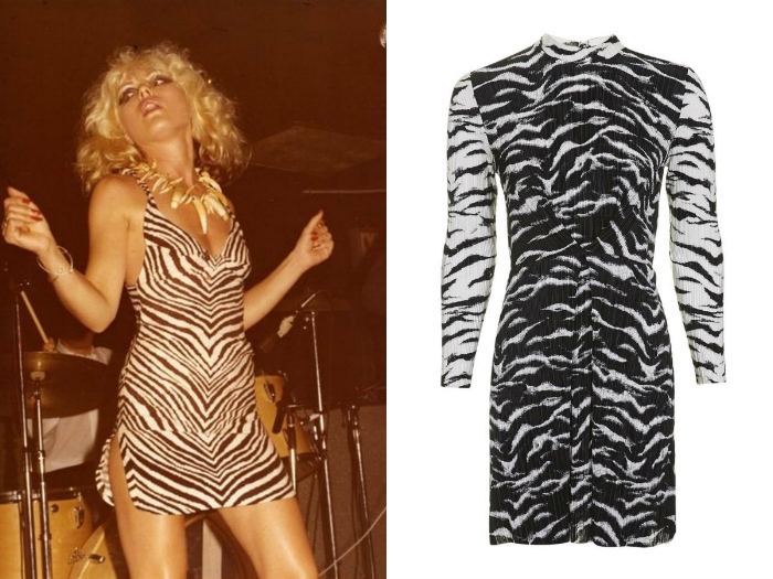 Debbie Harry Effortless cool always went along with Debbie Harry's statement outfits in the late 70s. And did you heat? Zebra print has made a comeback, just take a look at the latest Topshop Unique show. Perfect for those bored of leopard print and looking to emulate Debbie Harry's heyday looks. TOPSHOP ZEBRA PISSE DRESS SHOP NOW >