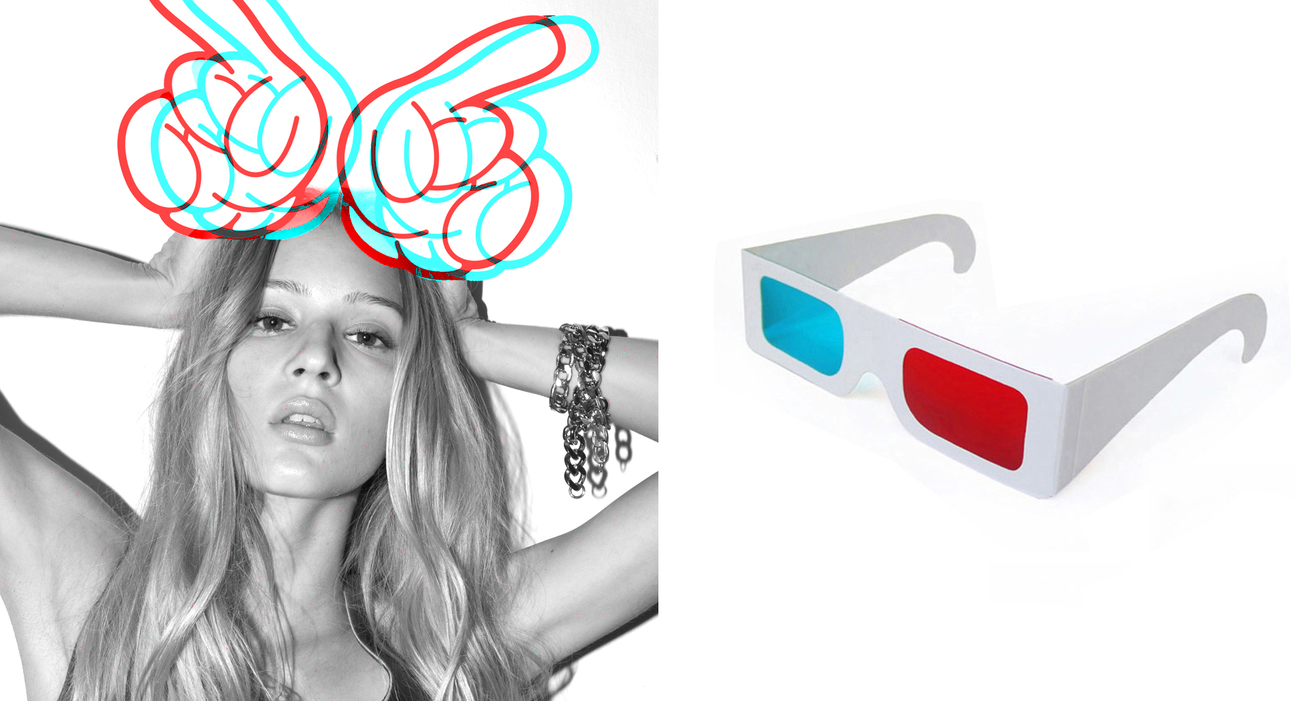 The 3D effect is achived by using red-cyan glasses which fools the brain seeing two different images - one red and one cyan and the slight differences in these two images produces a "retro" 3D effect.
