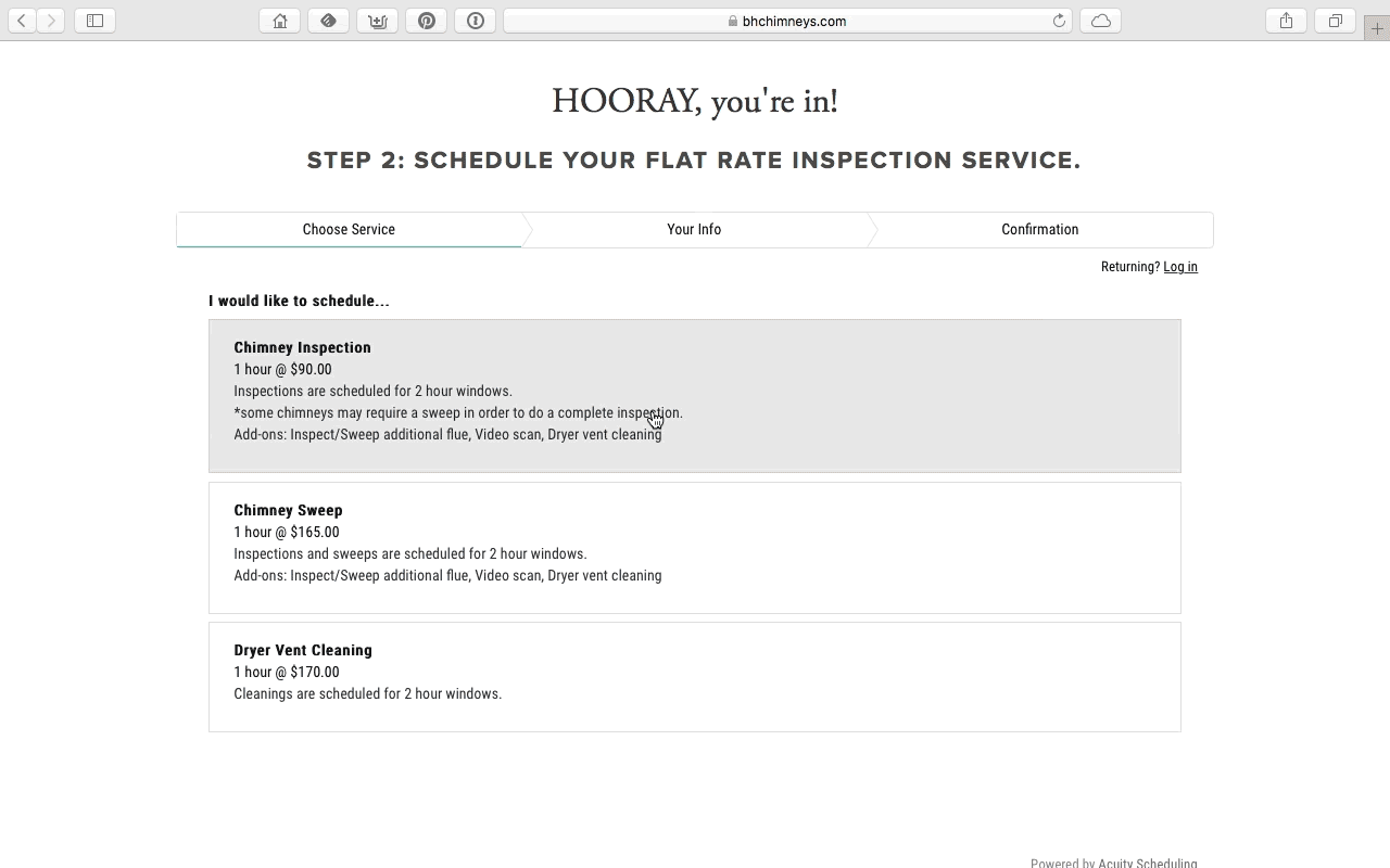 chimney inspection online scheduling step 2 screen capture