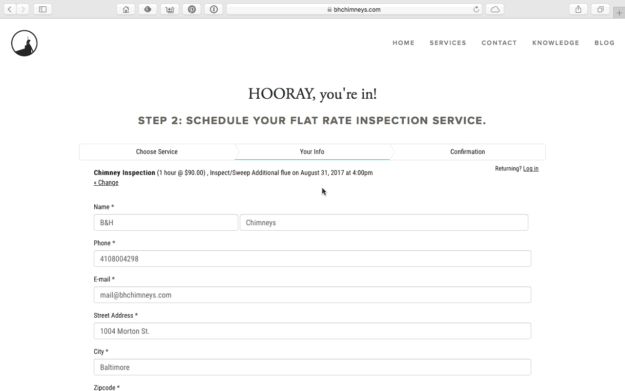 chimney inspection online scheduling step 3 screen capture