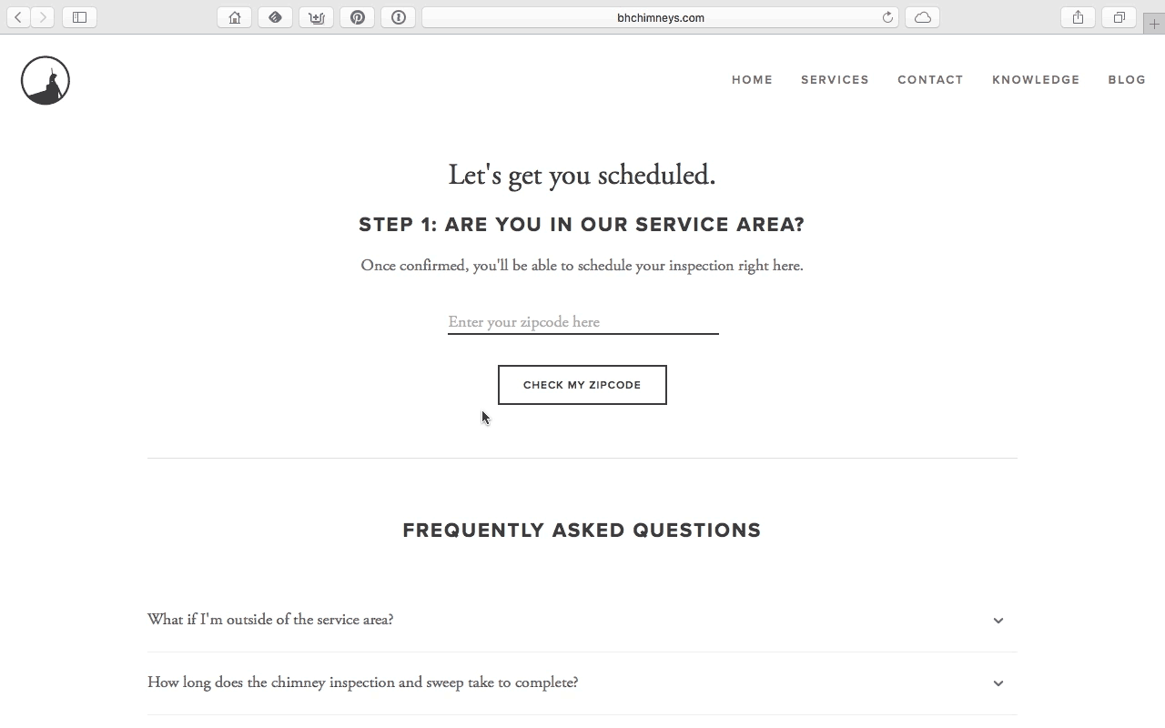 chimney inspection online scheduling step 1 screen capture