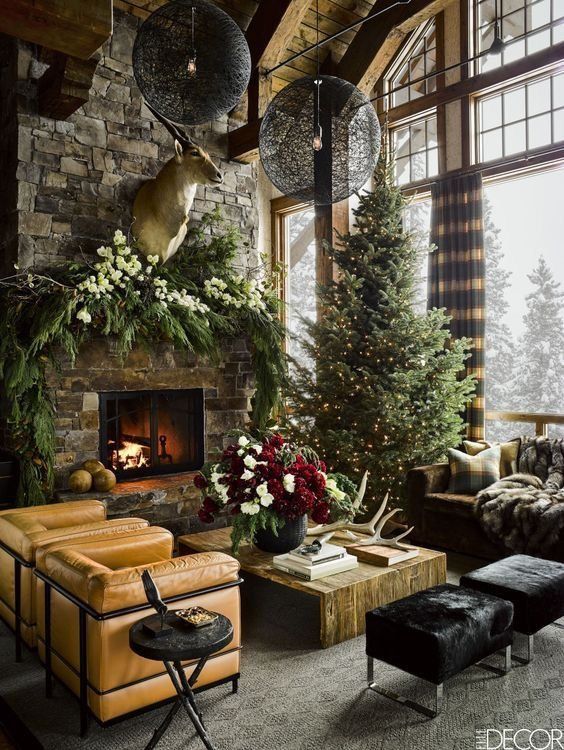 stone fireplace winter garland