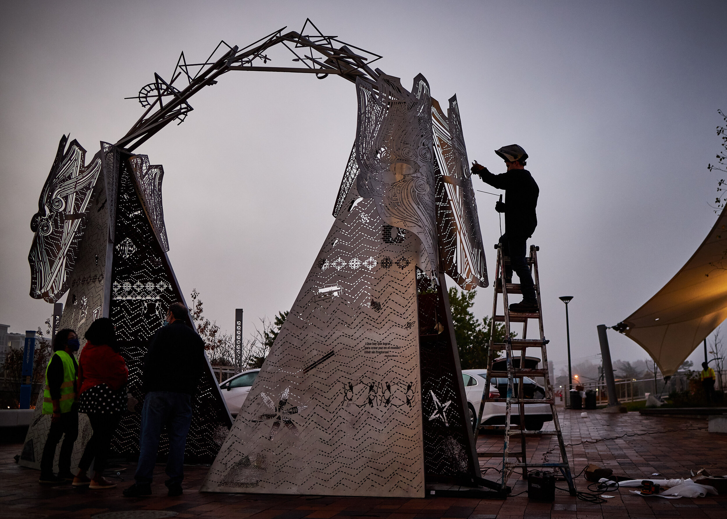  Installation of "Meet Me at the Triangles" public art piece on October 22, 2020. [Image copyright Matthew Rakola. Use only with permission.] 
