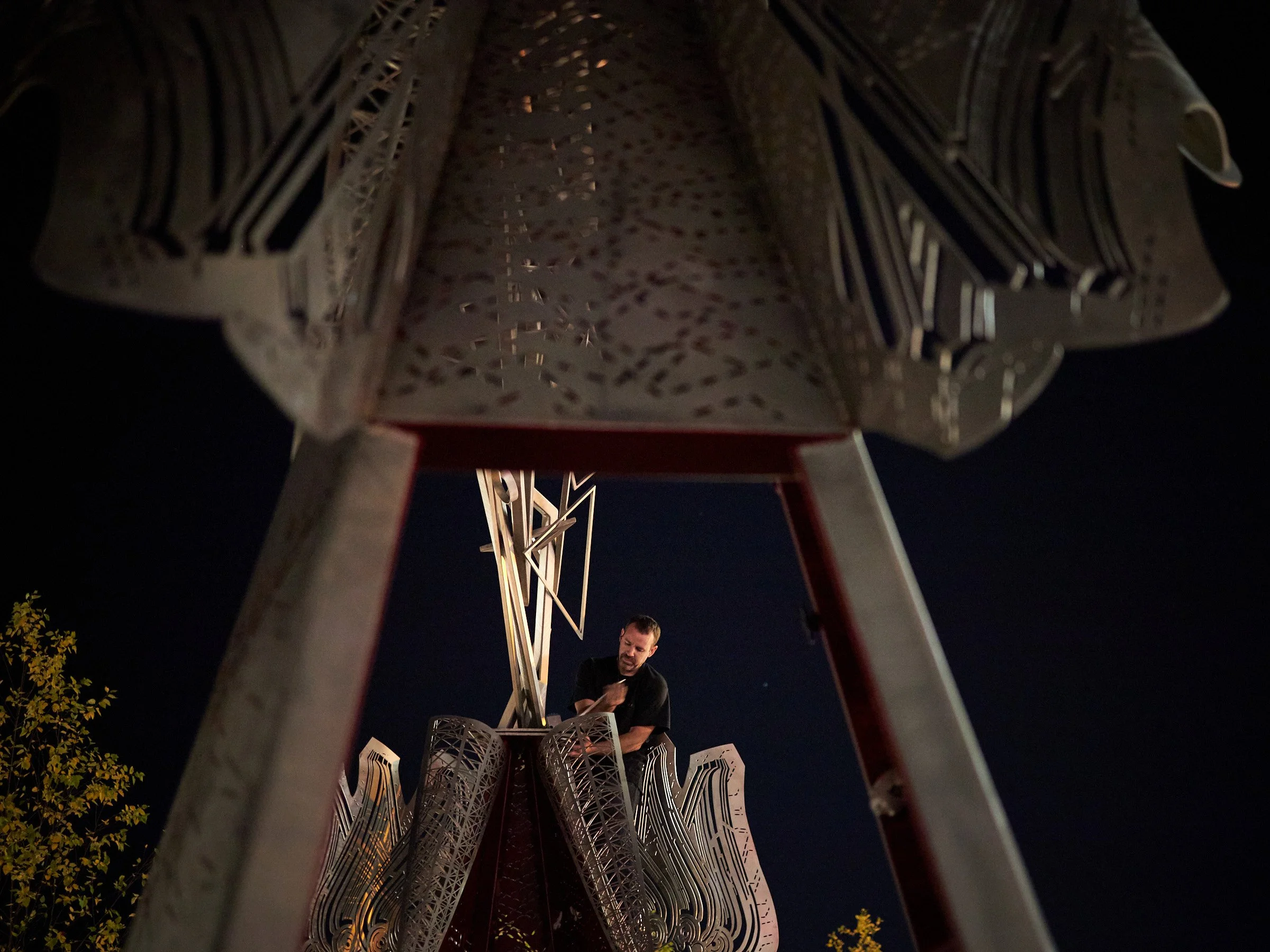  Installation of "Meet Me at the Triangles" public art piece on October 22, 2020. [Image copyright Matthew Rakola. Use only with permission.] 