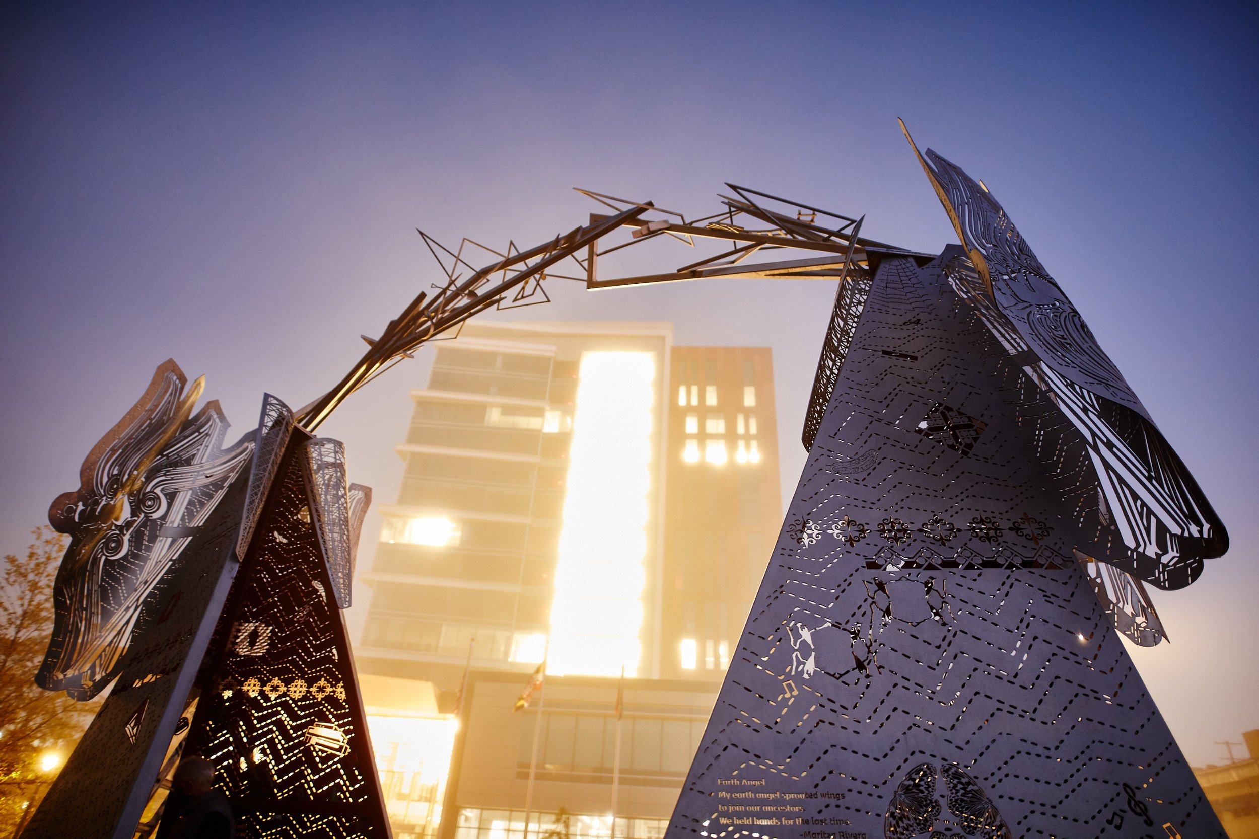  Installation of "Meet Me at the Triangles" public art piece on October 22, 2020. [Image copyright Matthew Rakola. Use only with permission.] 