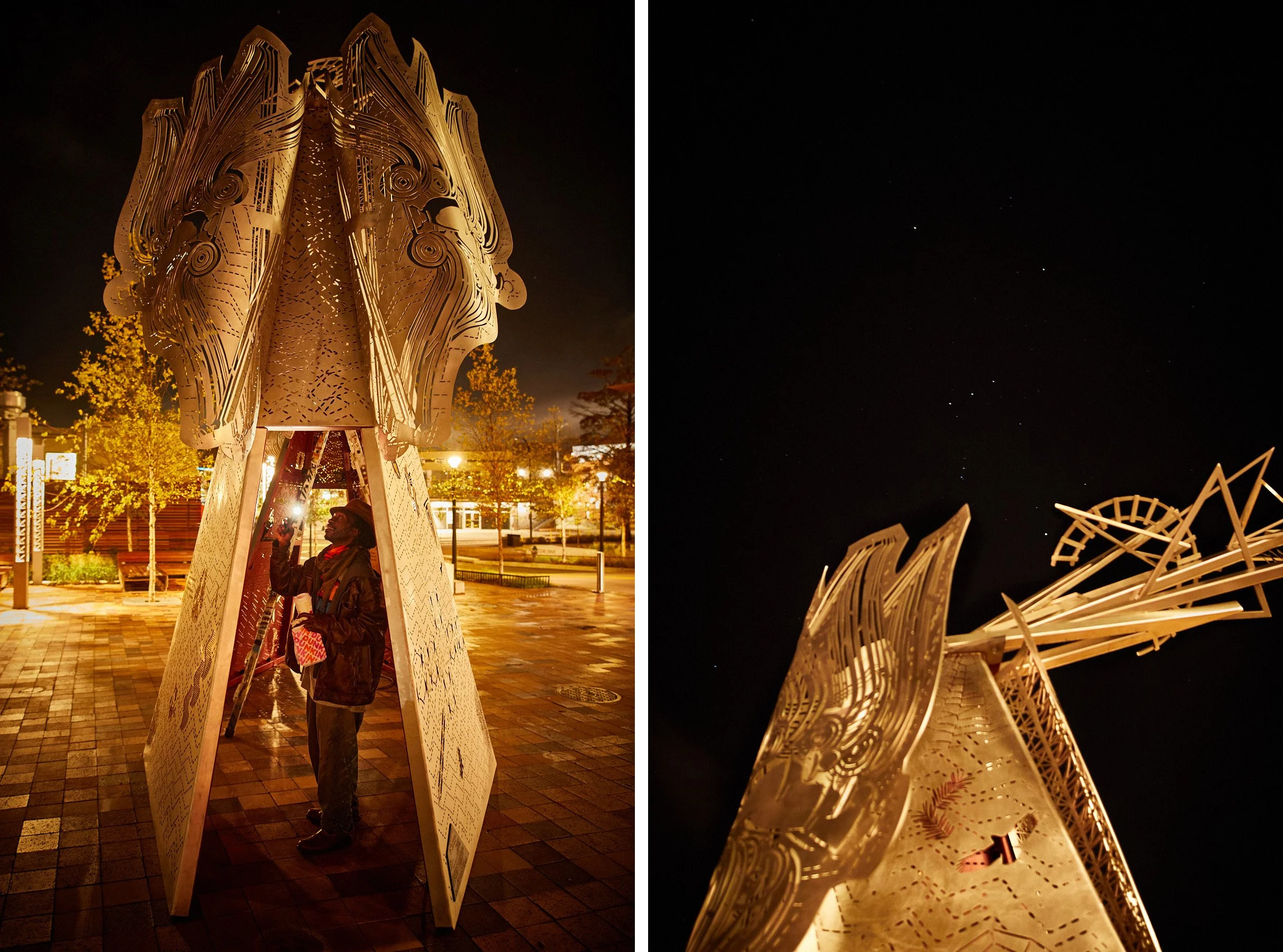  Installation of "Meet Me at the Triangles" public art piece on October 22, 2020. [Image copyright Matthew Rakola. Use only with permission.] 