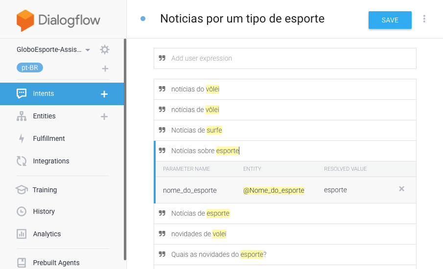Using the Intents from DialogFlow platform to provide questions scenarios - In this example, the User Intention is to receive news from a specific kind of sport and for this Intention, we provided a list of expressions that are related and means the user has this specific intention.