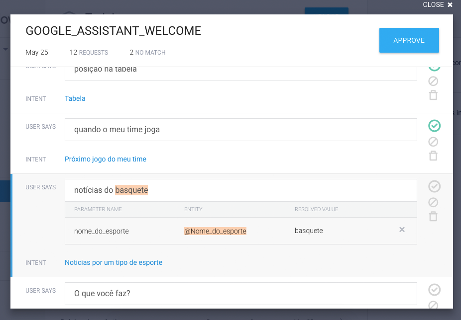 Training view from DialogFlow platform.