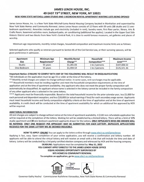 APARTMENT WAITING LIST — James Lenox House Association, Inc.