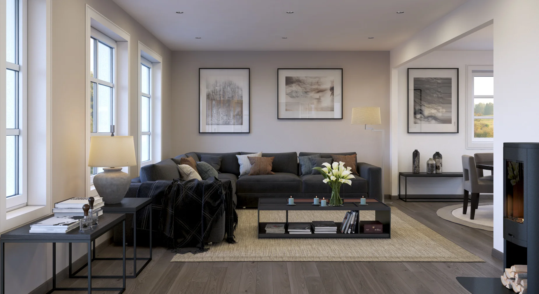 Frisk opp stova med nye veggar og golv! Kanskje med downlights i taket og ny vedomn?