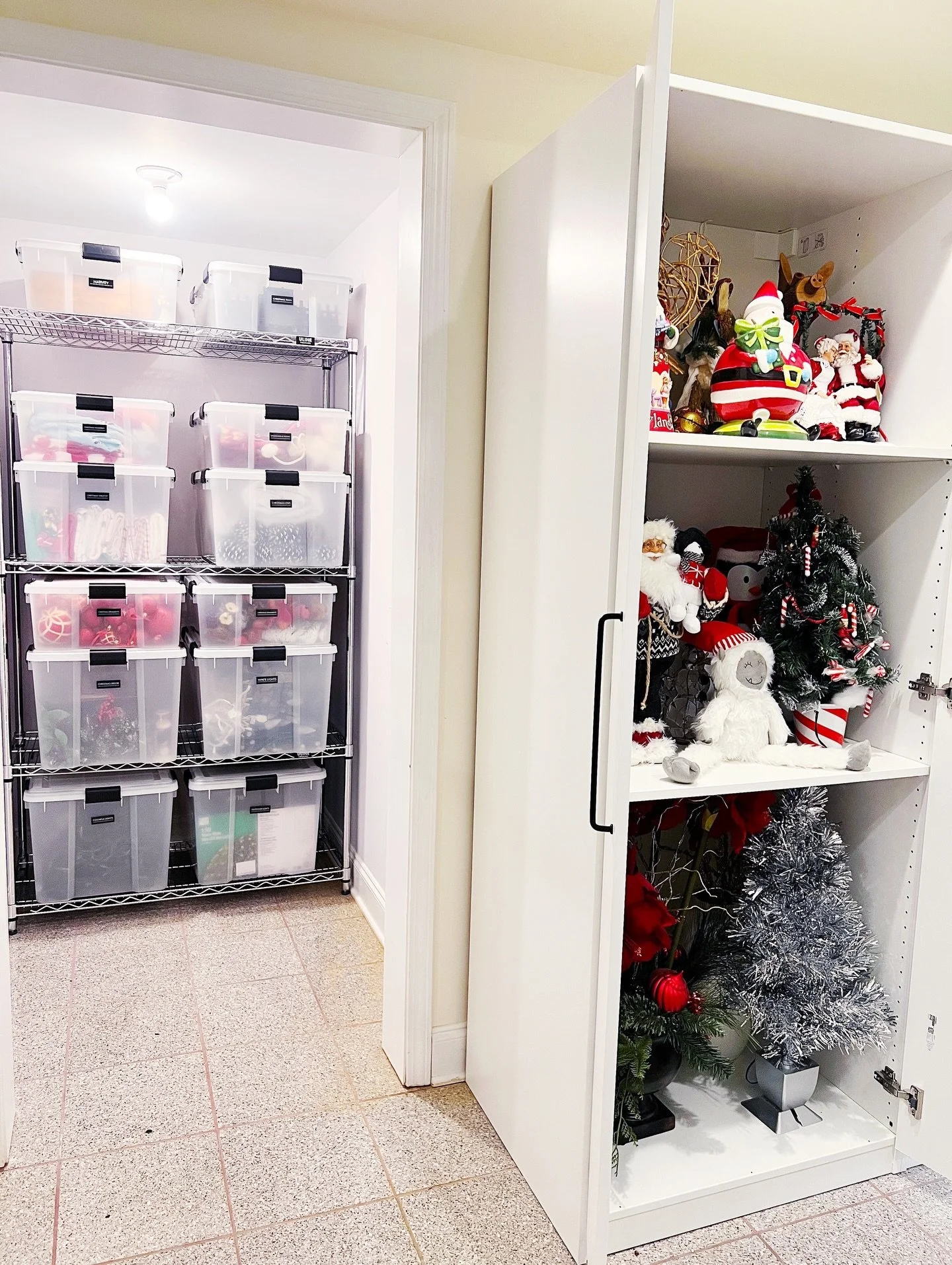 ✨HOLIDAY STORAGE GOALS✨⁣
⁣
Keeping seasonal decor organized doesn&rsquo;t have to be stressful. Clear bins, labels, and categorized shelving = a game changer.⁣
⁣
We transformed this space into a functional holiday decor storage zone &mdash; perfect f