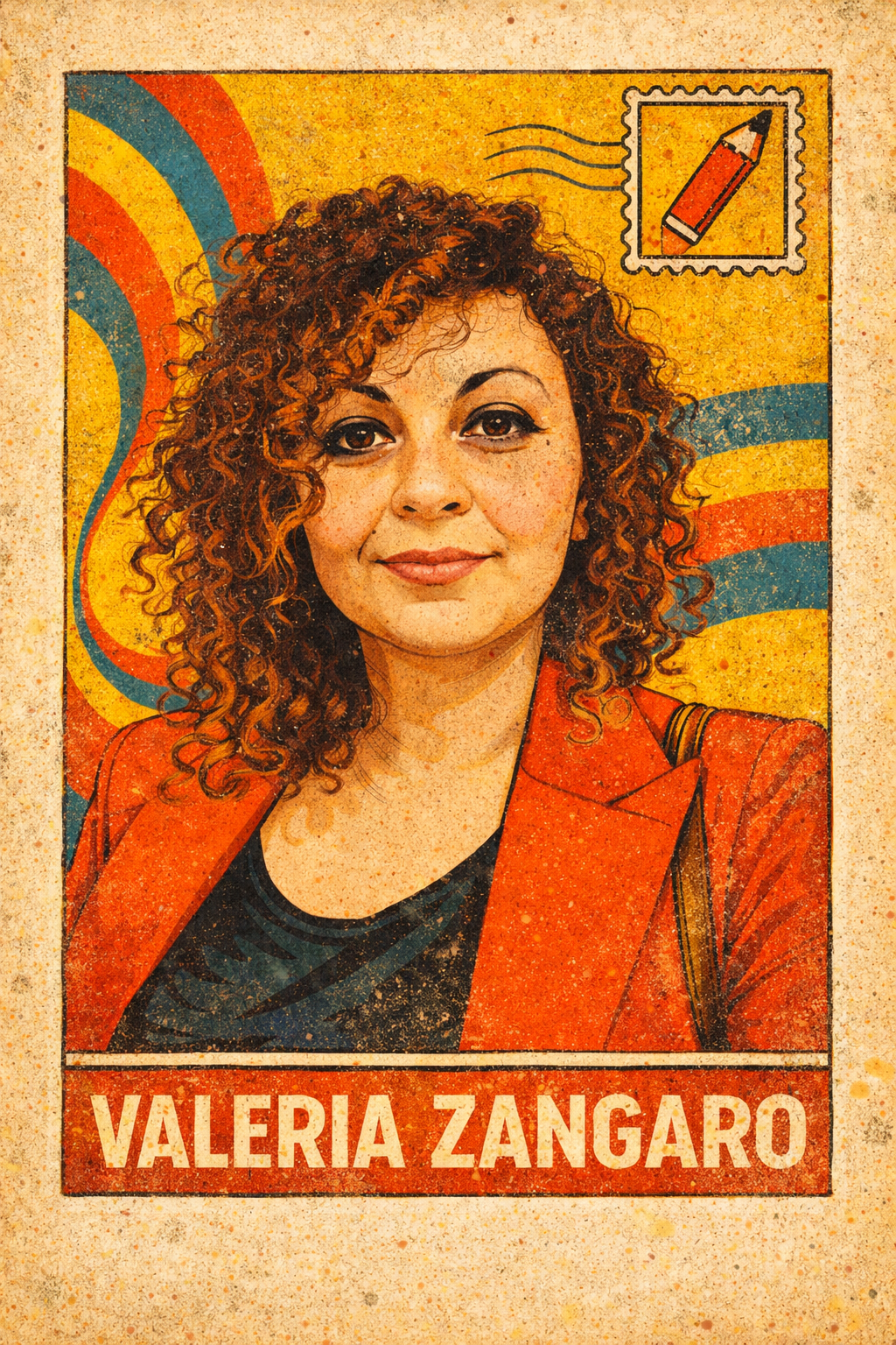 Ritratto di una donna con capelli ricci, vestita con una giacca arancione, sfondo colorato con arcobaldi e un timbro con una matita, sotto il suo nome: Valeria Zangaro.