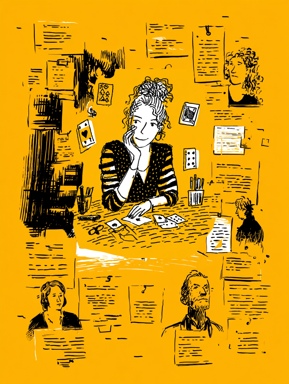 Illustrazione in bianco e nero con sfondo giallo di una donna seduta a un tavolo con carte e strumenti, circondata da ritratti e appunti, stile disegno a mano.